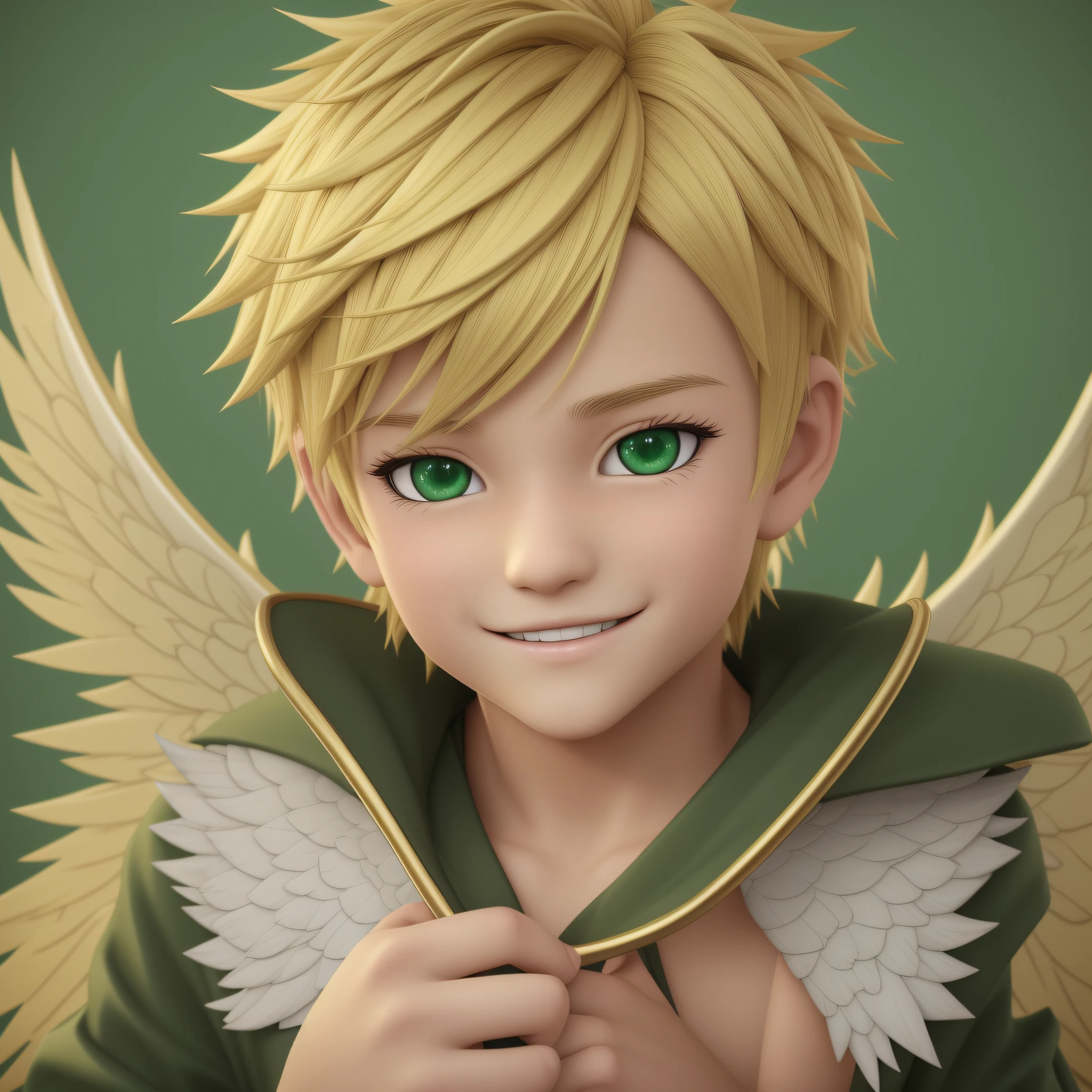 Toon render keyshot, boy, kawai, , green eyes, with white angel wings with golden tips blonde hair, short spiky hair, sarcastic smile, --auto --s2