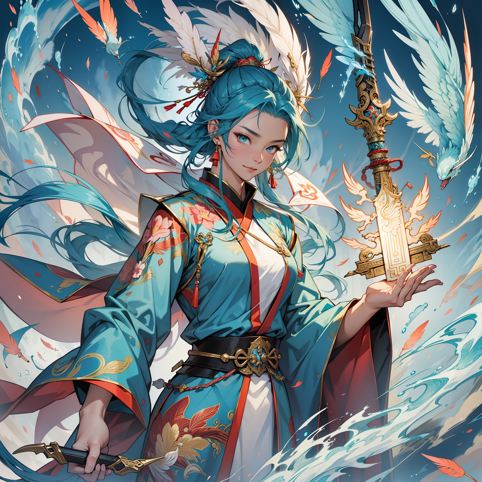 Goddess flying sky, Chinese style, phoenix fairy, gorgeous clothes, beautiful feather patterns, weapon in hand, 32k --niji 5