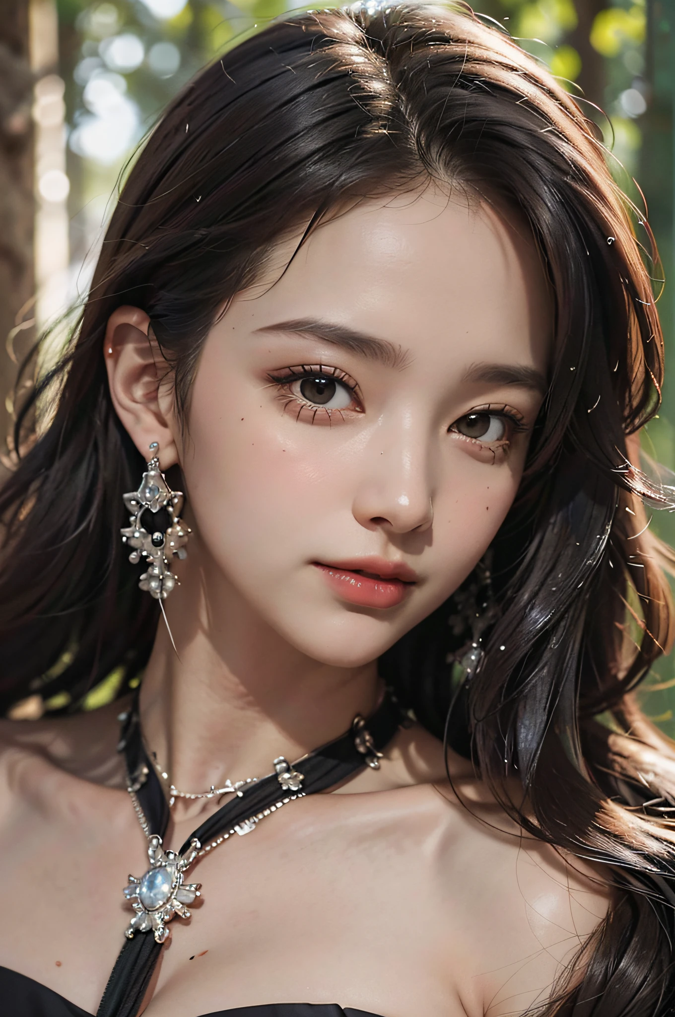 (highest quality, 8K, masterpiece), (best illustration), very delicate and beautiful, very detailed, CG, unity, amazingly fine detail, ultra high resolution, highly detailed eyes and face, superbly detailed eyes, (fluffy black eyes: 1.21), (best shadows: 1.1), (photorealistic: 1.1), realistic face proportions, (makeup: 0.4), handsome woman, solo, (( Big breasts)), (deep cleavage), (slim figure), smiling at the viewer, (Knitted off-the-shoulder: 1.5)), wet skin, dark brown hair, earrings, (cowboy shots: 1.3), (irregular skin imperfections, veins, wrinkled pores on the skin: 1.2), (in the woods: 1.3), (bokeh: 1.4)