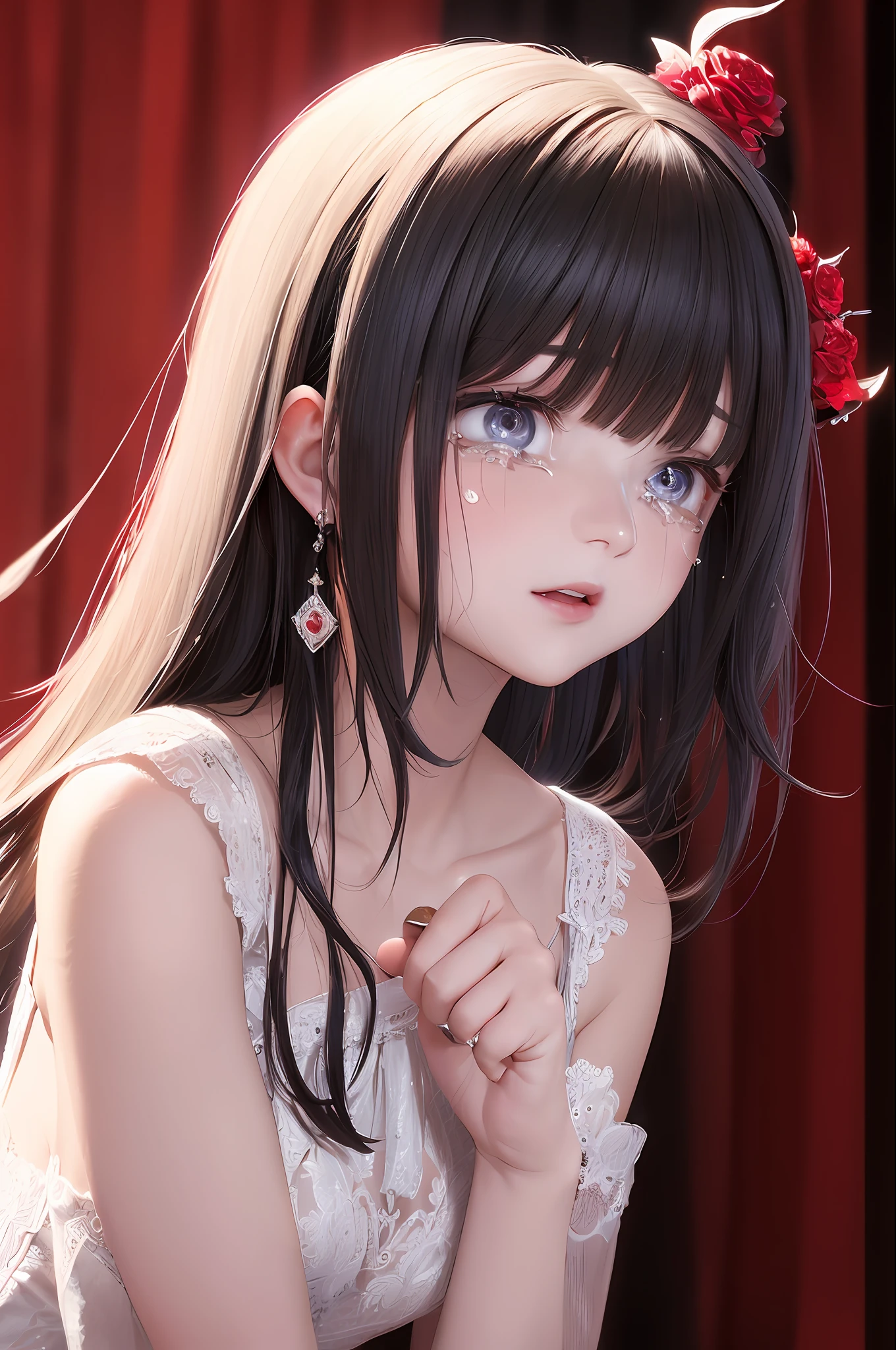 23
(very delicate and beautiful), (very delicate and beautiful), (hands lethargic) (rough clothes), (sad), (dynamic angle, portrait), (black hair), (beautiful eyes), fluttering walking, white skin, depth of field, , short-cut, (cold eyes), (red mesh), (1 person), no hair ornaments, cute girl, ( No hair ornament))((Crying laughter))(Blood)(Dark room background)