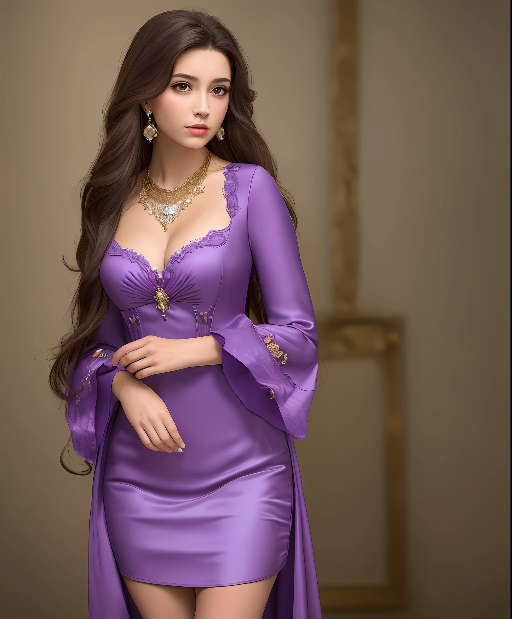 Masterpiece, best quality, very detailed, 1girl, artist name, brunette hair, breasts, dress, earrings, hands on your chest, jewelry, lips, long hair, necklace, purple dress, solo, very long hair, wide sleeves
