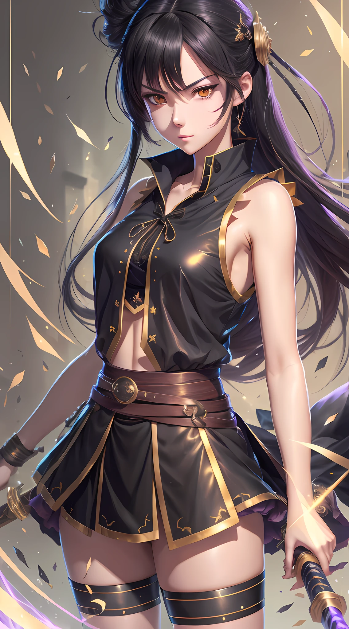 8k high definition, girl, anime, sleeveless blouse, small chest, short skirt, battle poze, black hair, golden eyes, katana, wallpaper --auto --s2