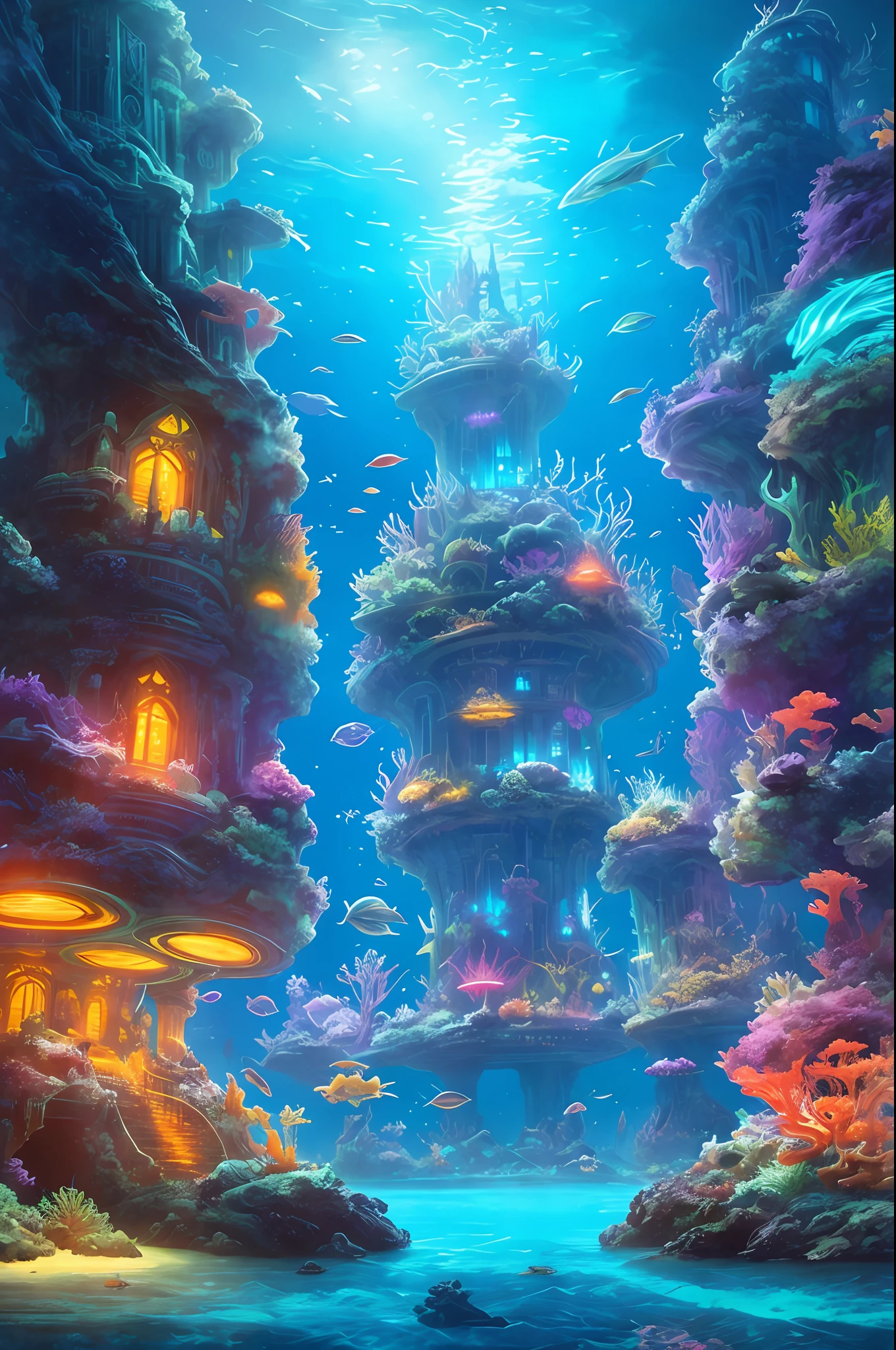 Submerged City: Located in the depths of the ocean, Thalassia is an elven city that shines with the light of bioluminescent corals. Glass towers and seaweed make up the magical architecture of this underwater city. art style Frank Frazetta