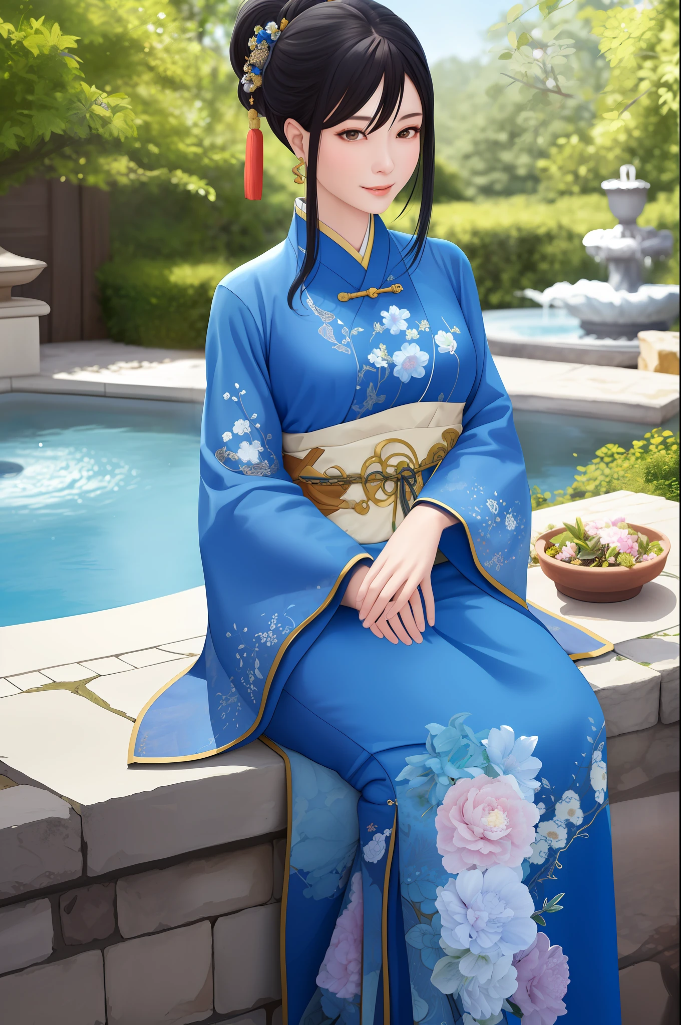 ((masterpiece)), ((best quality)), ((ultra-detailed)), a woman with black hair and brown eyes dressed in a hanfu, traditional Chinese dress, detailed clothing texture, detailed body shape, realistic anatomy, detailed skin texture, realistic fingers, correct fingers, detailed background, detailed face, without any exposure, sitting in the garden, hands in lap, smile, lazy posture, colorful flowers, blue pools and fountains in the background.