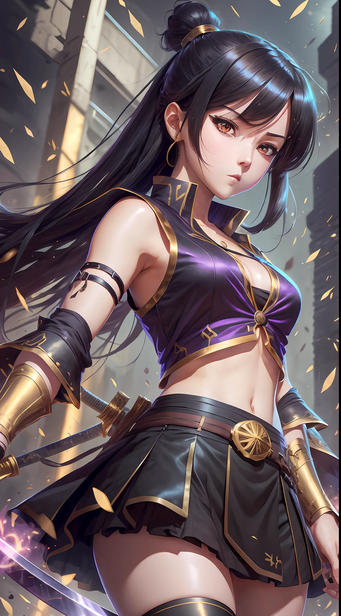 8k high definition, girl, anime, sleeveless blouse, small chest, short skirt, battle poze, black hair, golden eyes, katana, wallpaper --auto --s2