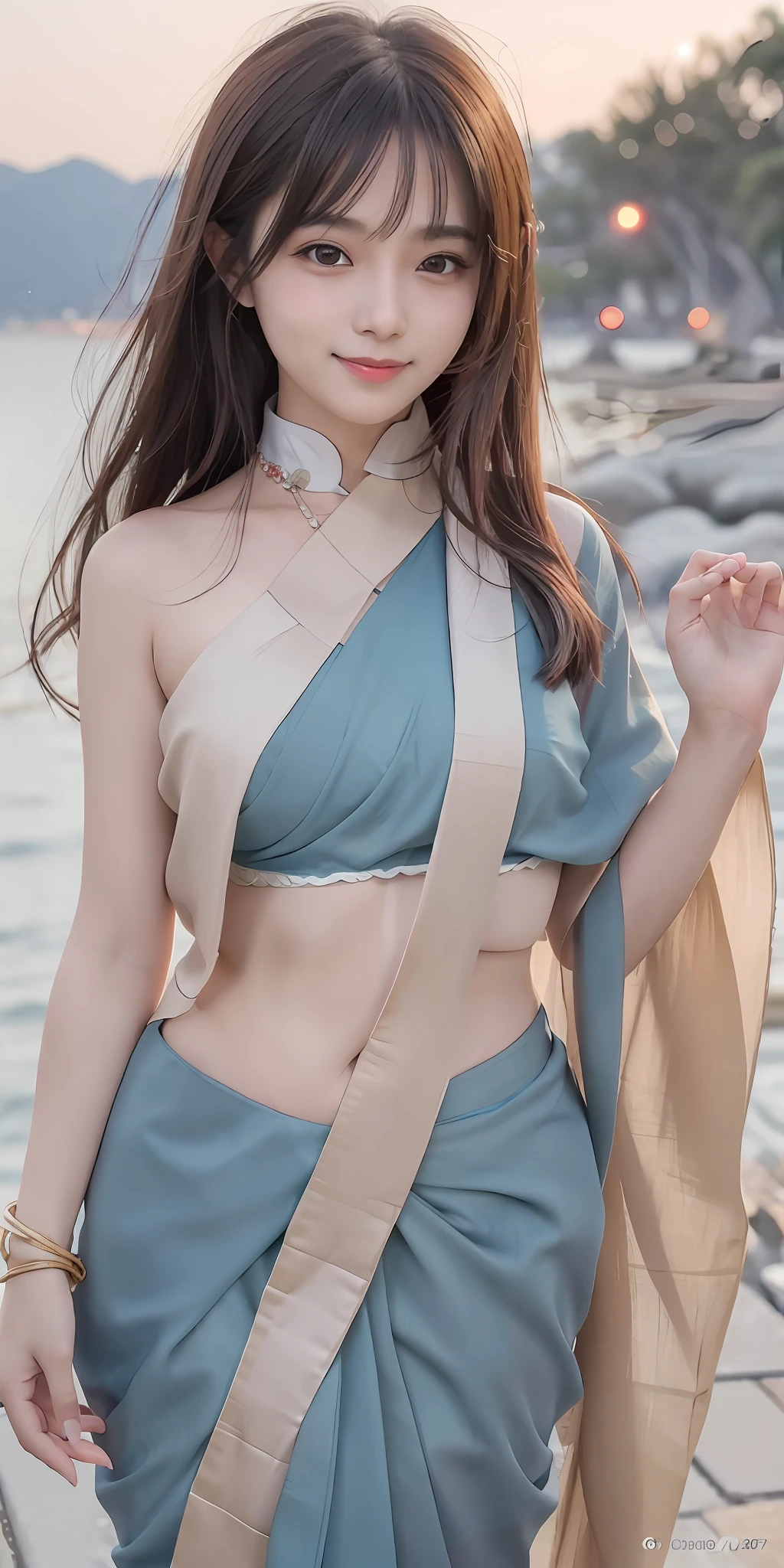 Onoff, Japan woman wearing saree, RAW photo, long shot portrait photo of cute girl, smile, saree, slim body (lust), slim body (sea background), (high detail skin: 1.2), 8k UHD, DSLR, soft lighting, high quality, film grain, fujifilm XT3