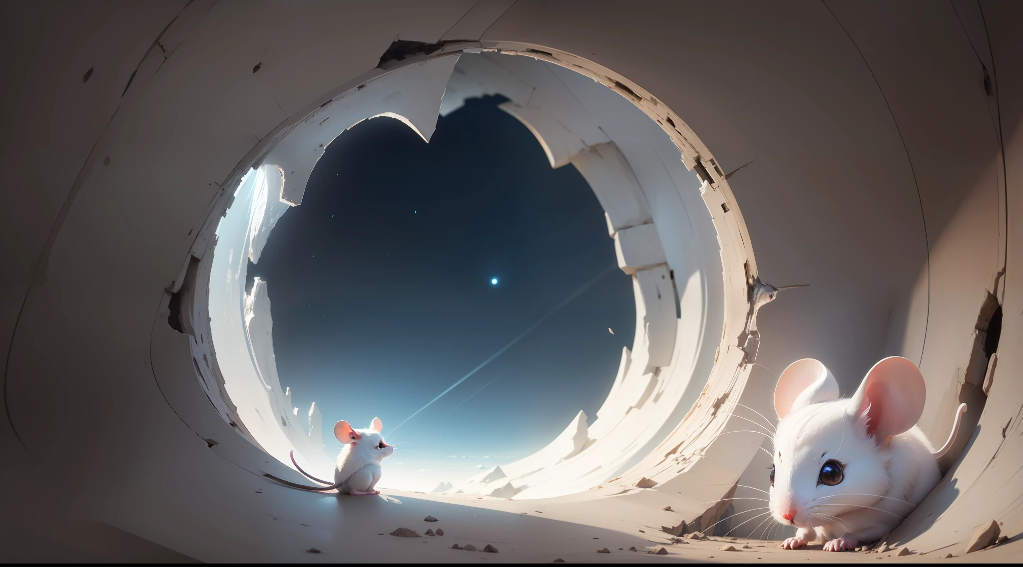 Draw a mouse, cute, white hair, alert expression on the edge of a dark hole, atmospheric perspective, from side, 8k, super detail, ccurate, best quality