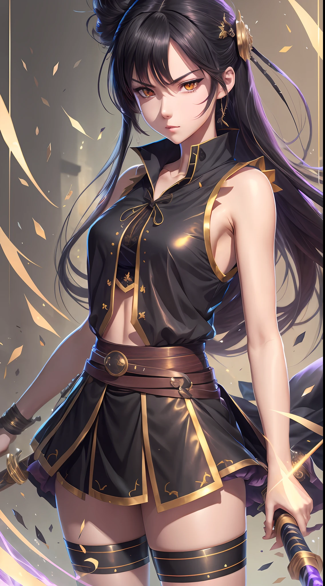 8k high definition, girl, anime, sleeveless blouse, small chest, short skirt, battle poze, black hair, golden eyes, katana, wallpaper --auto --s2