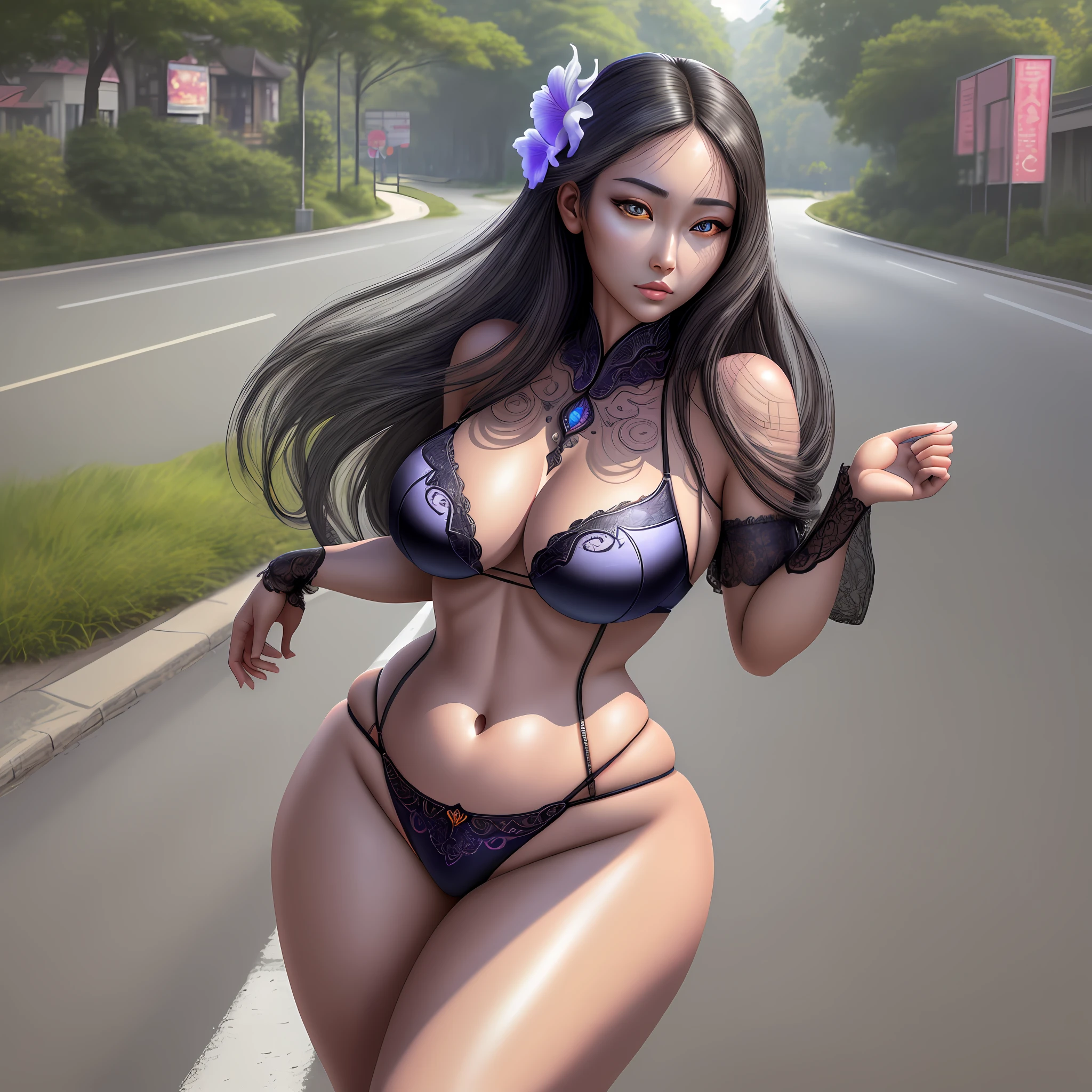 Photorealistic, ultra high resolution, intricate, hyperdetailed, cute, feminine, detailed body, realistic detailed oriental face, outlined iris, hydrocolor lenses, perfect eyes, 4K, a beautiful woman, wide hips, thick thighs, large breasts, microwire bikini, slutty, seductive, standing on the road.