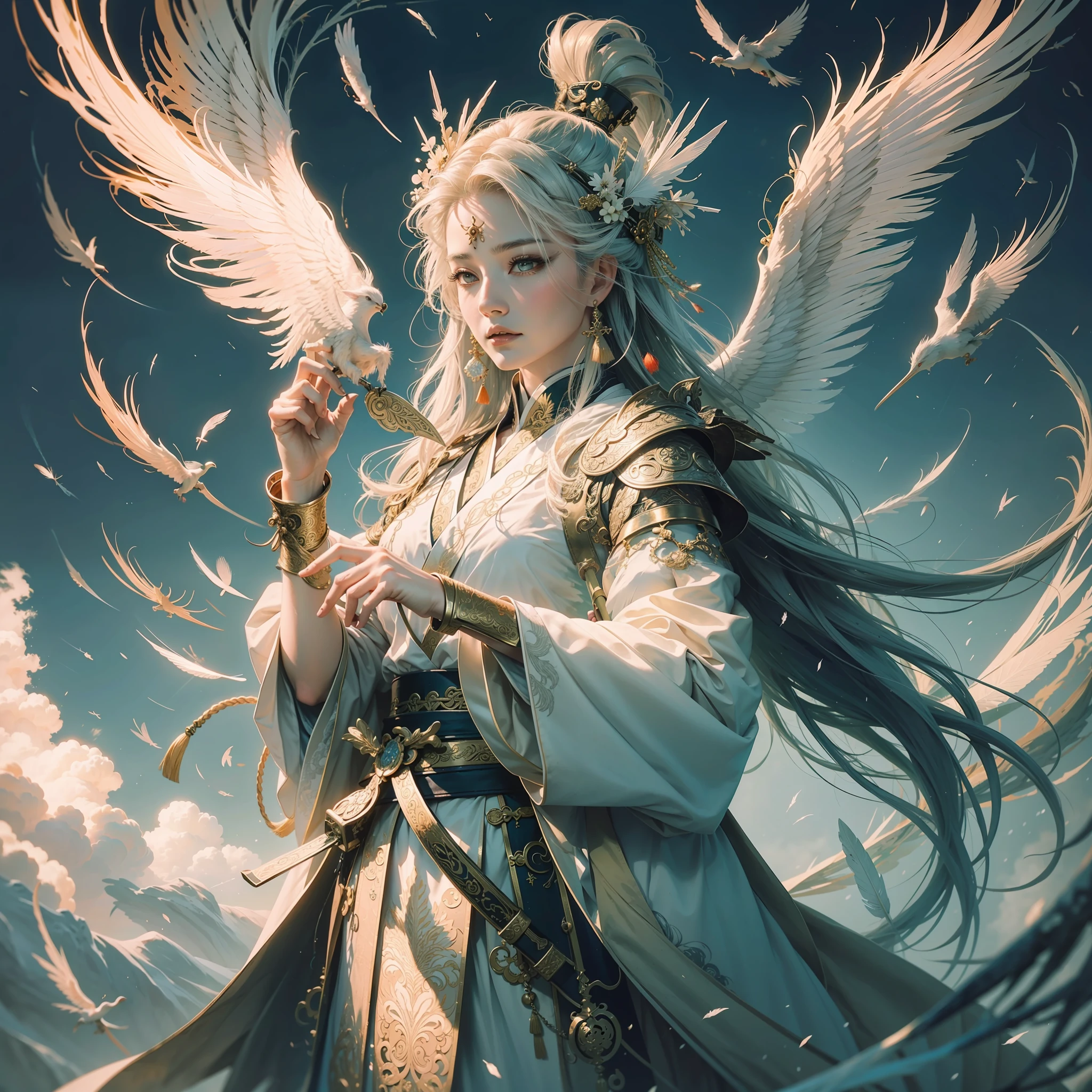 Chinese style, phoenix fairy, god, white horse, gorgeous clothes, beautiful feather pattern, Hanfu, weapon in hand, 32k --niji 5