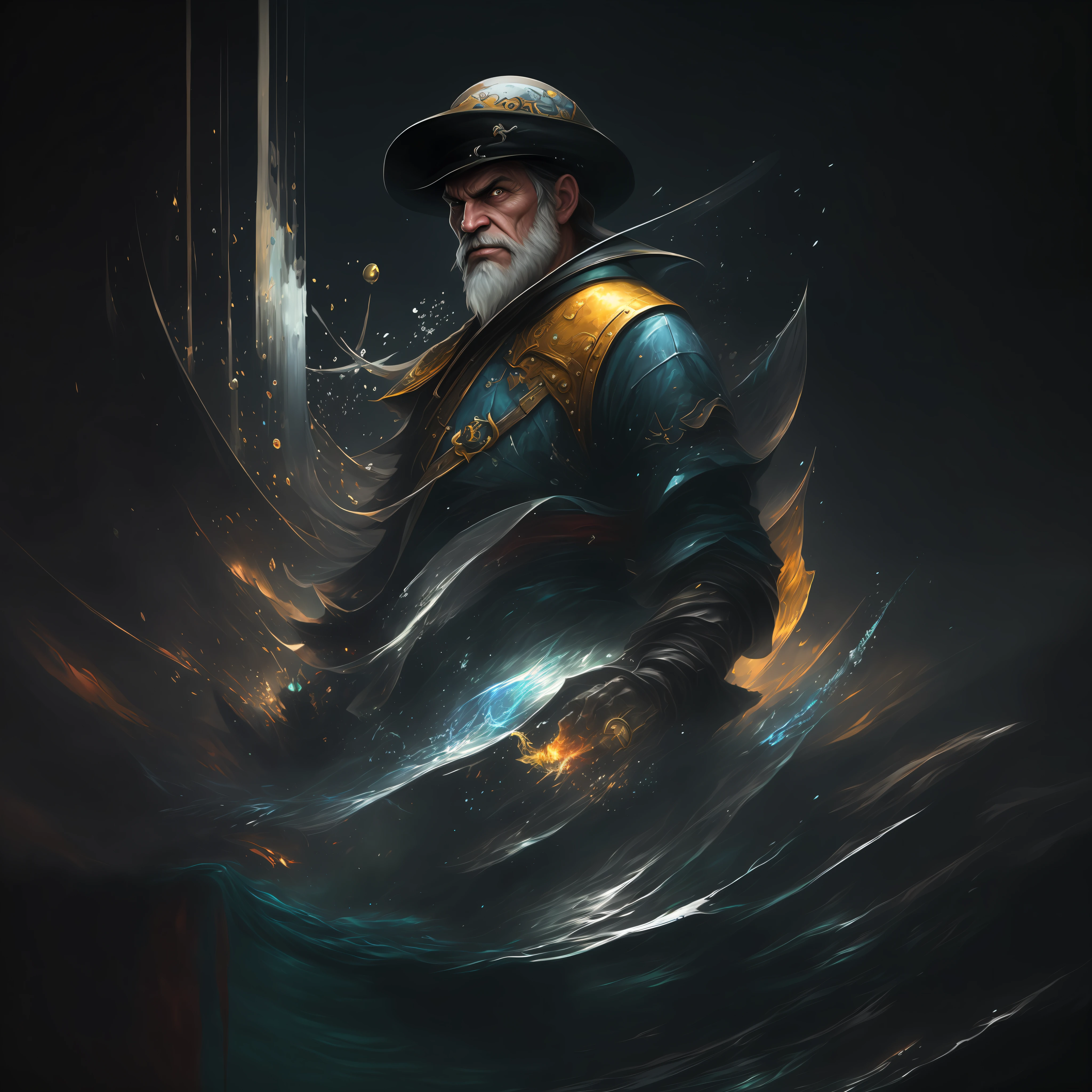 painting of a man with a sword and hat in the water, epic digital art illustration, epic portrait illustration, stunning digital illustration, digital painting concept art, valve promotional splash art, epic digital painting, digital concept art illustration, iconic character splash art, concept art digital illustration, character splash art, illustration concept art, 4k detailed digital art