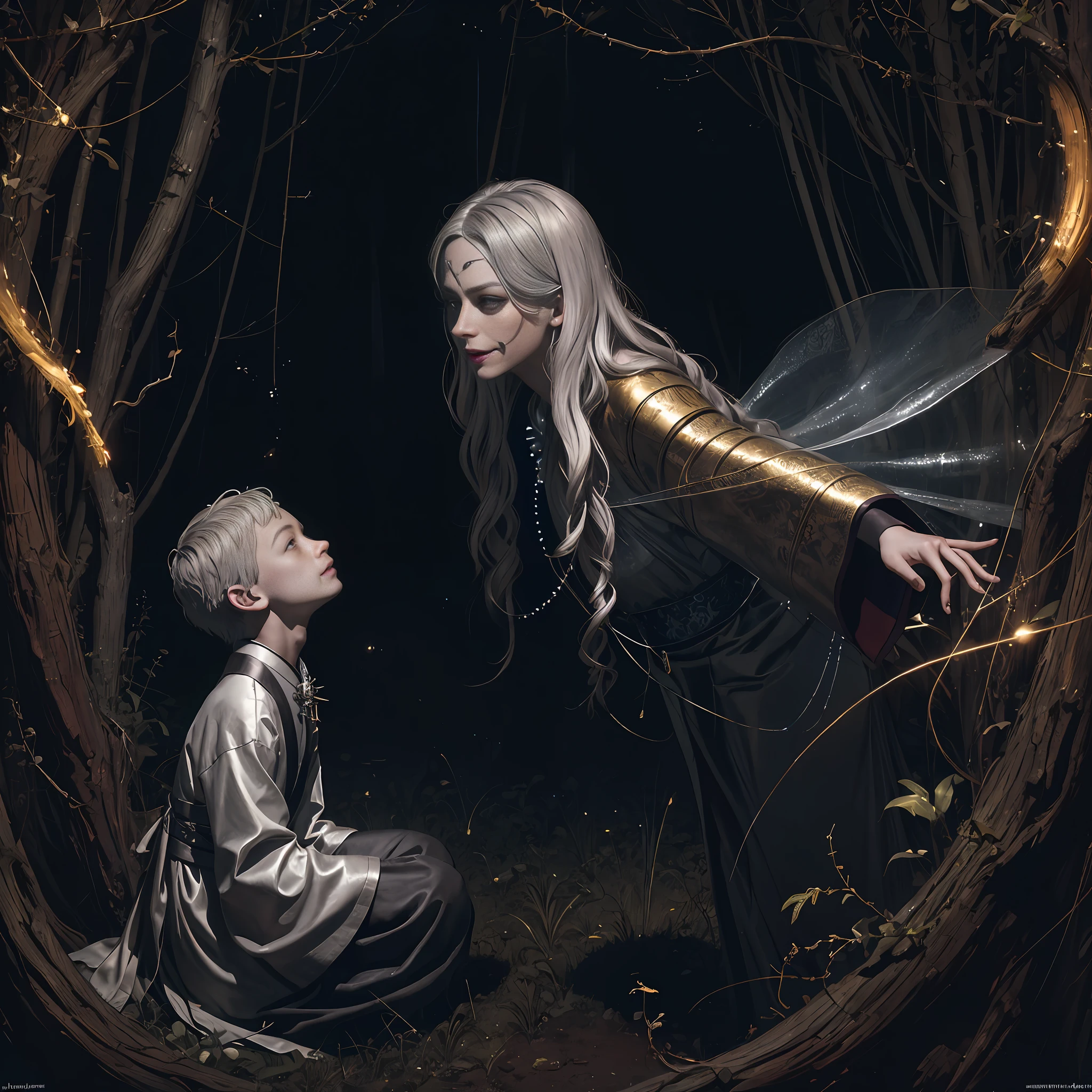 Masterpiece, best quality, MTSpider V4, (((1 young innocent boy)), HDR, very detailed eyes and face, goth, solo, white skin, long hair, beads, japanese clothes, white kimono, silk, stone, forest, northern lights, spider silk, (glowing metal objects hovering in the air and encircling him: 1.2), (arcs and sparks: 1.2), (energy flow: 1.2), (translucent magnetic field lines: 1.2), (gold, silver gray and shimmering light effects: 1.2), horror art, fear, unified 8k wallpapers, ultra-detailed, beautiful and aesthetic, masterpiece, the best quality, deep and rich black shadows, mother earth, smiles, enchanting whimsical fantasy forest background, happiness, enchanting atmosphere, very detailed, dynamic angles, cowboyshot, most beautiful chaotic forms, elegance, fauvist design, bright colors, romanticism, by James Jean, Robbie Devi Antonio, Ross Tran, Francis Bacon, Michal Mlaz, Adrian Ganey, Petra Corright, Gerhard Richter, Takashi Yamamoto, Ashley Wood, Atmospheric