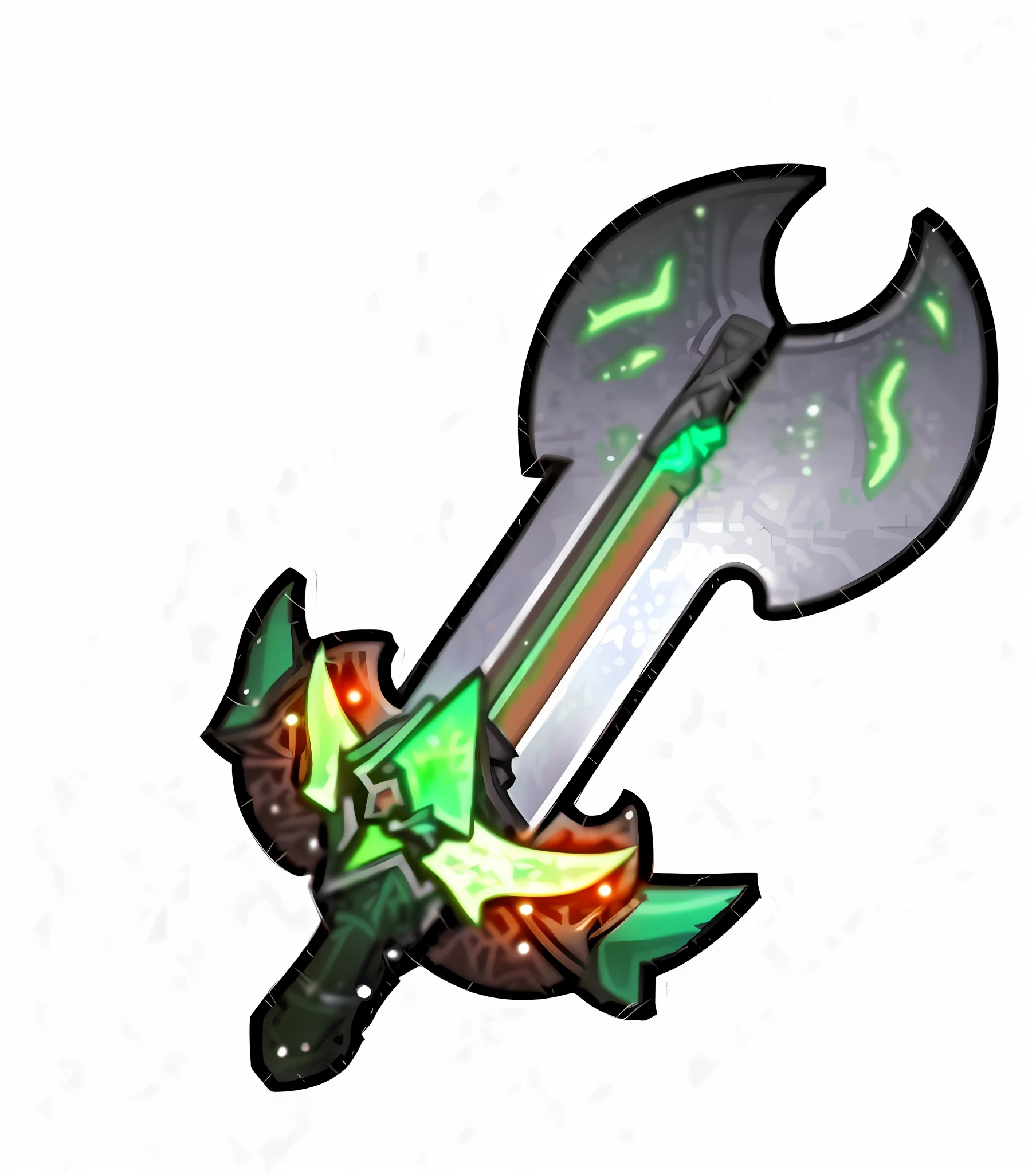 a close up of a green and black sword with a green blade, glowing green soul blade, war blade weapon, style of ghost blade, glowing sword, jagged sword, massive glowing neon axe, hearthstone weapon art, fantasy weapon, fantasy blade, shinning sword, an axe elemental, battleaxe, armored sword blade, chainsword in the other