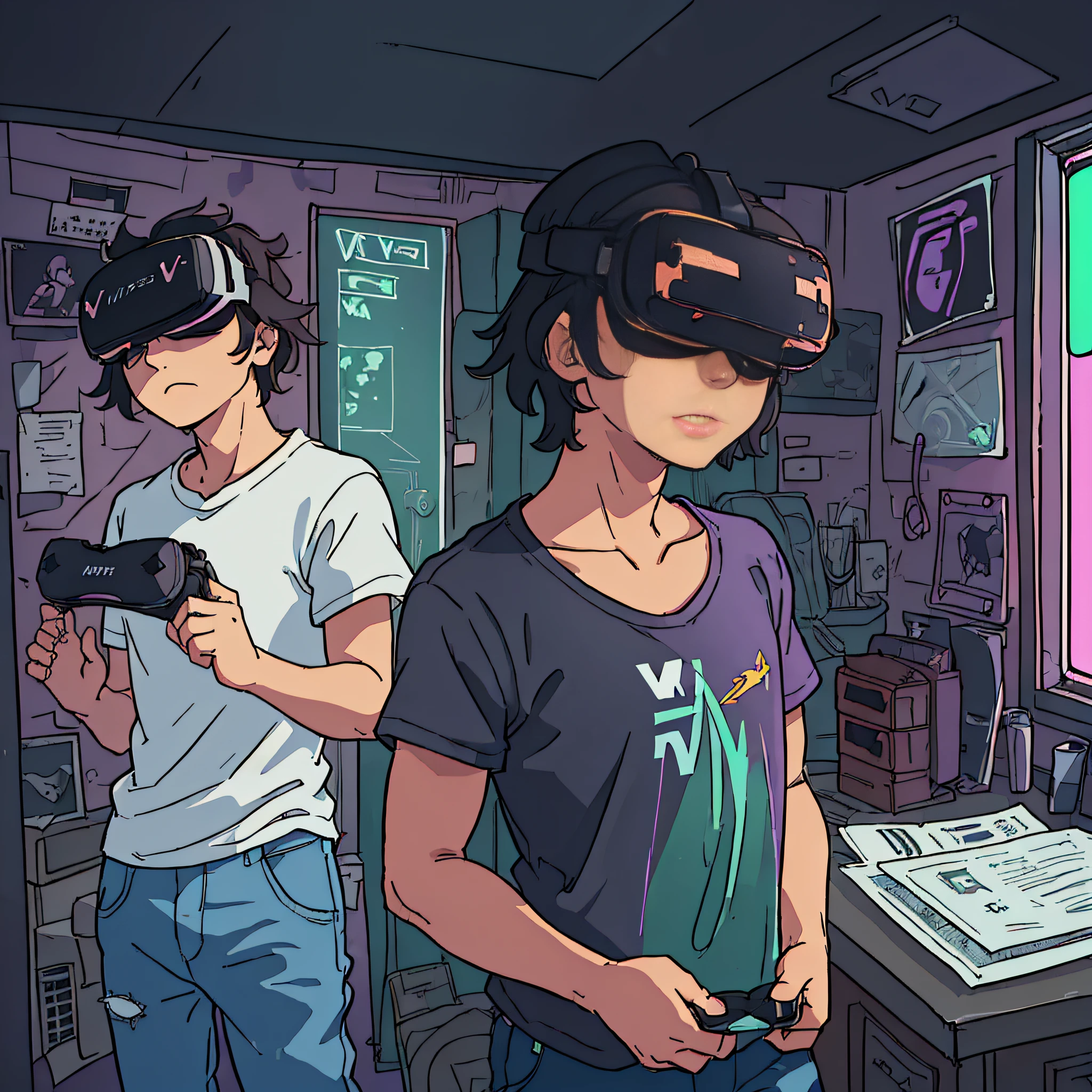 ((Cyberpunk)), (Night, Dark Room), (((((Holding VR goggles with both hands))))), (Green light in the room))), (Purple light from outside)), (Masterpiece), (Best Quality), (Super Detailed), (disheveled hair), (Illustration), (1 Young Man), (White T-shirt and Jeans), Standing in Front of Desk, Delicate Figure, (Standing Up), (Brief Background), Detailed Eyes, Tired Face, Sober Face, (high saturation), (dark night), men's room, poor room, focus on face, black hair, bangs, room littered with cartoons, boys, anime, watching viewer, very detailed, short black hair, full body, rustic boy, top quality, super detailed, sad, tired, messy room