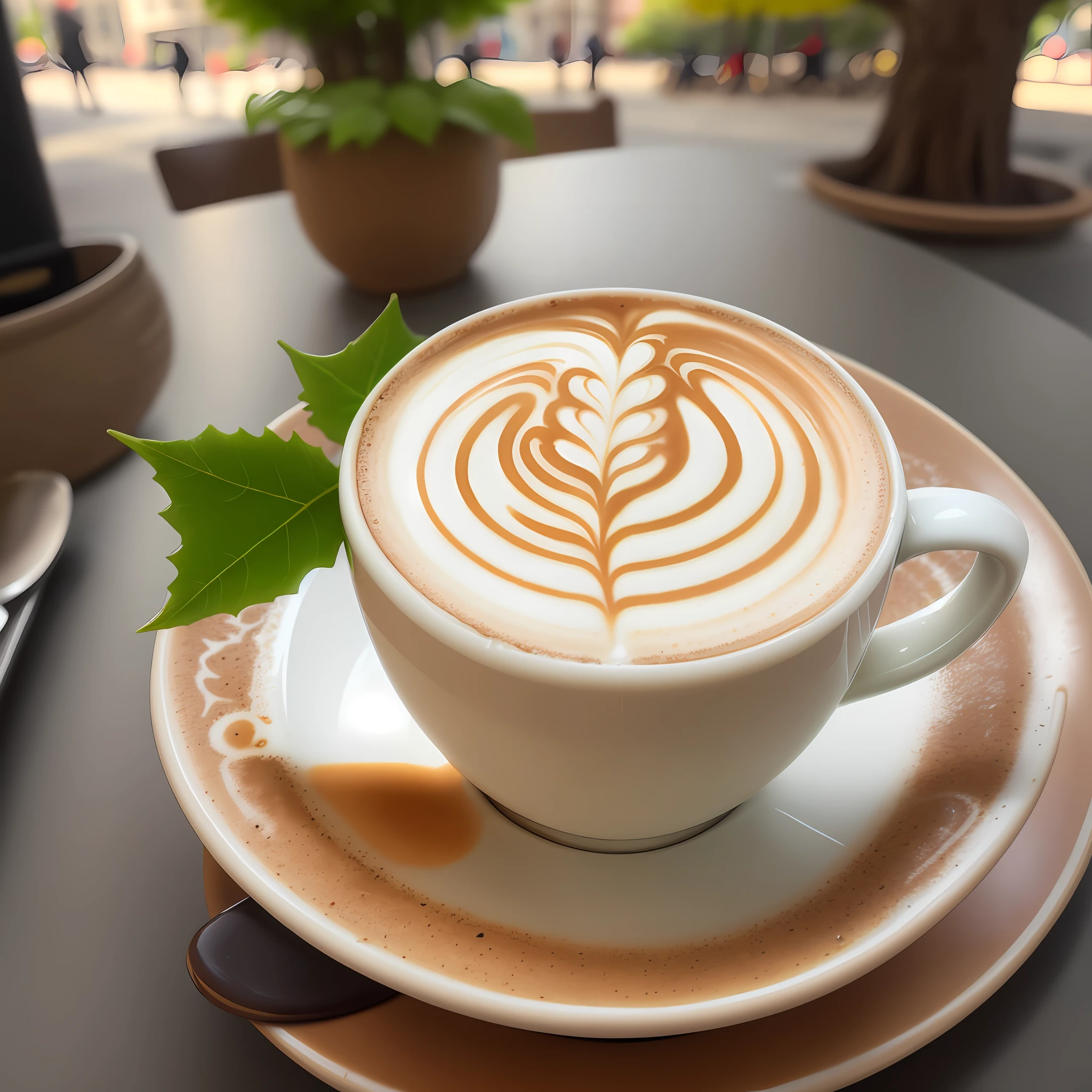 A latte, best quality, hyper-detailed, focus on latte with leaves in the pattern of leaves, sunny street in the background