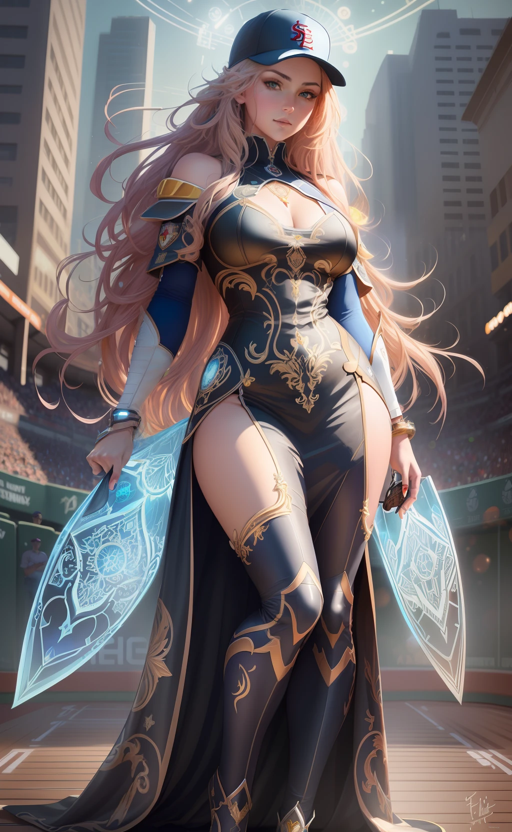 Teddi Mansueto, full body potrait of a photorealistic beautiful woman, (spectating a baseball game:1.5), hands in pockets:1.25, staring at camera in front, intense coloration fantasy, light hair, a stunning realistic photograph 20 years , random colored hair, (St Louis Cardinals fan fashion:1.3), random color eyes, full body, cover, hyperdetailed painting, luminism, octane render, Bar lighting, complex, 8k resolution concept art portrait by Martina Fačková and Prywinko Art, Artgerm, WLOP, Alphonse Mucha, Tony Taka, fractal isometrics details bioluminescence, hypereallistic cover photo awesome full color, hand drawn, bright, gritty, realistic, davinci, erte .12k, intricate. hit definition , cinematic,Rough sketch, mix of bold dark lines and loose lines, bold lines, on paper , real life human