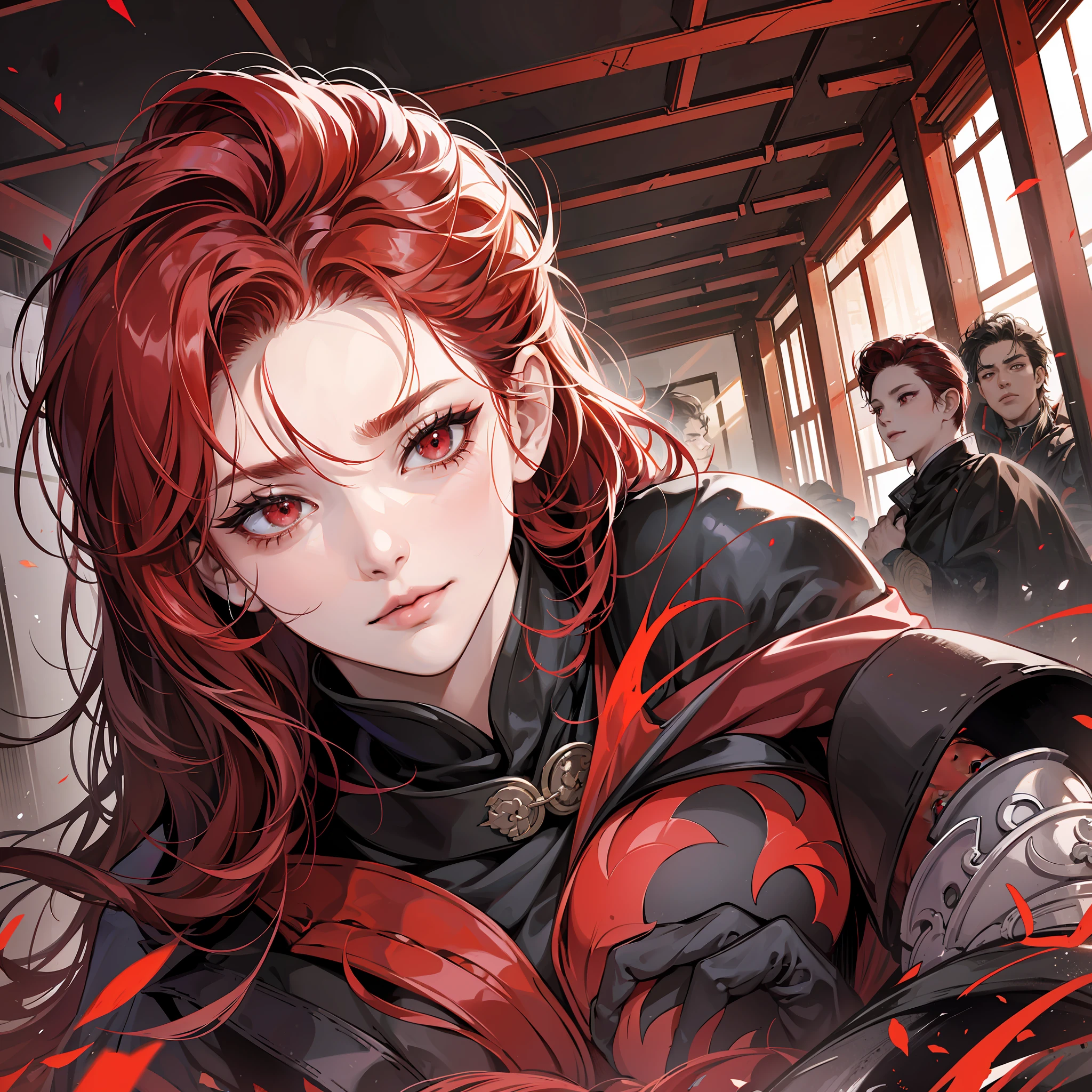 (kaisen jujutsu style), (masterpiece:1.2), (best quality:1.2), perfect eyes, perfect face, perfect lighting, close-up, 1girl, mature female, medium red hair, pompadour cut, red eyes, drk_glam, armor, cape, plaster, gesugao facial expression, sadistic smile, exaggerated expression, detailed interior background, night, dark, darkness --auto --s2