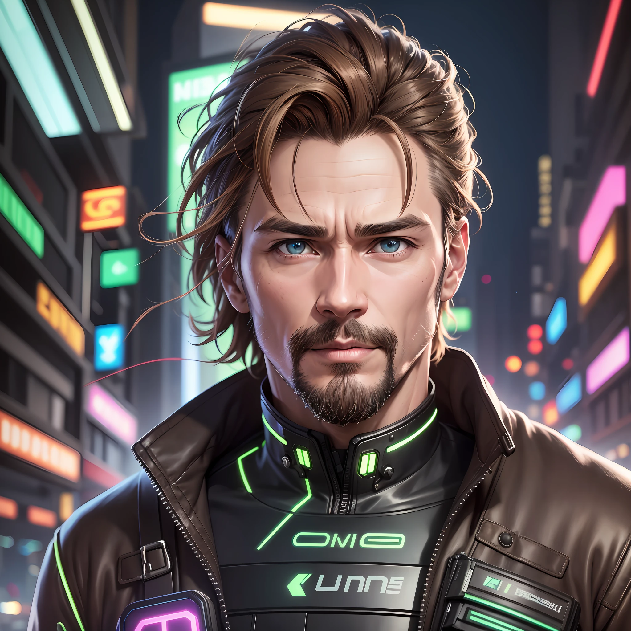 https://i.imgur.com/kuEnw82.jpg man, 40 years old, light brown hair, gree eyes, goatee, in neon cyberpunk, detailed, ultrarealist, ultra high definition, 8k, center, --q 1 --v 4 --auto --s2
