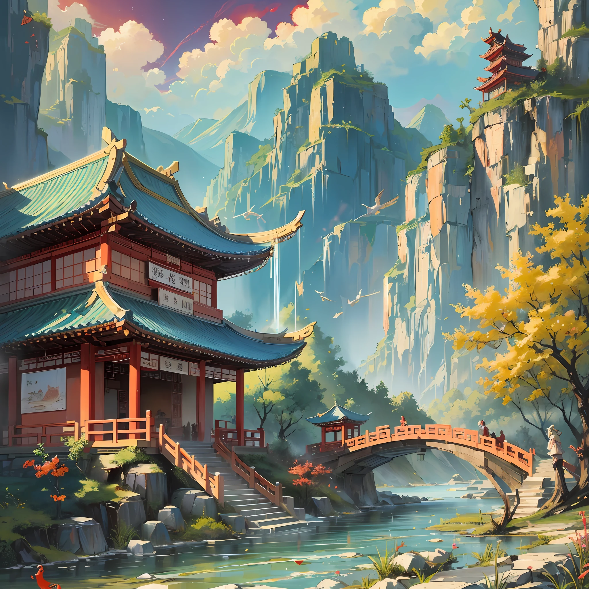 One day dragon in the air, scales are red, ancient chinese painting, ancient chinese background, mountains, rivers, auspicious clouds, pavilions, sunlight, masterpiece, super detail, epic composition, ultra hd, high quality, extremely detailed, official art, unified 8k wallpaper, super detail, 32k -- v 6 --auto --s2