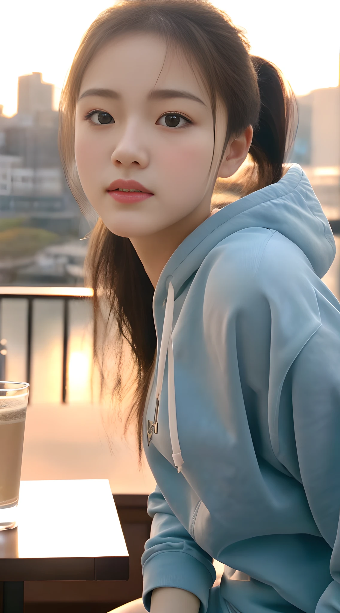 (8k, RAW photo, best quality, masterpiece), (realistic, photo-realistic:1.2), ultra detailed, 1 girl, cute, solo, beautiful detailed sky, detailed cafe, night, sitting, dating, dose blush, closed mouth, Beautiful and delicate eyes, wearing hoodies, dolphin shorts, medium build, flowing hair, long blue hair, GIRL, FEMININE, pink eyes, ultra-fine details, complex scenes, ambient light, soft light, elegant, symmetrical facial features, accurate anatomy, anatomically correct girl, landscape, gossamer, ethereal, full body, ponytail, gentle, gentle, sensible, big breasts,