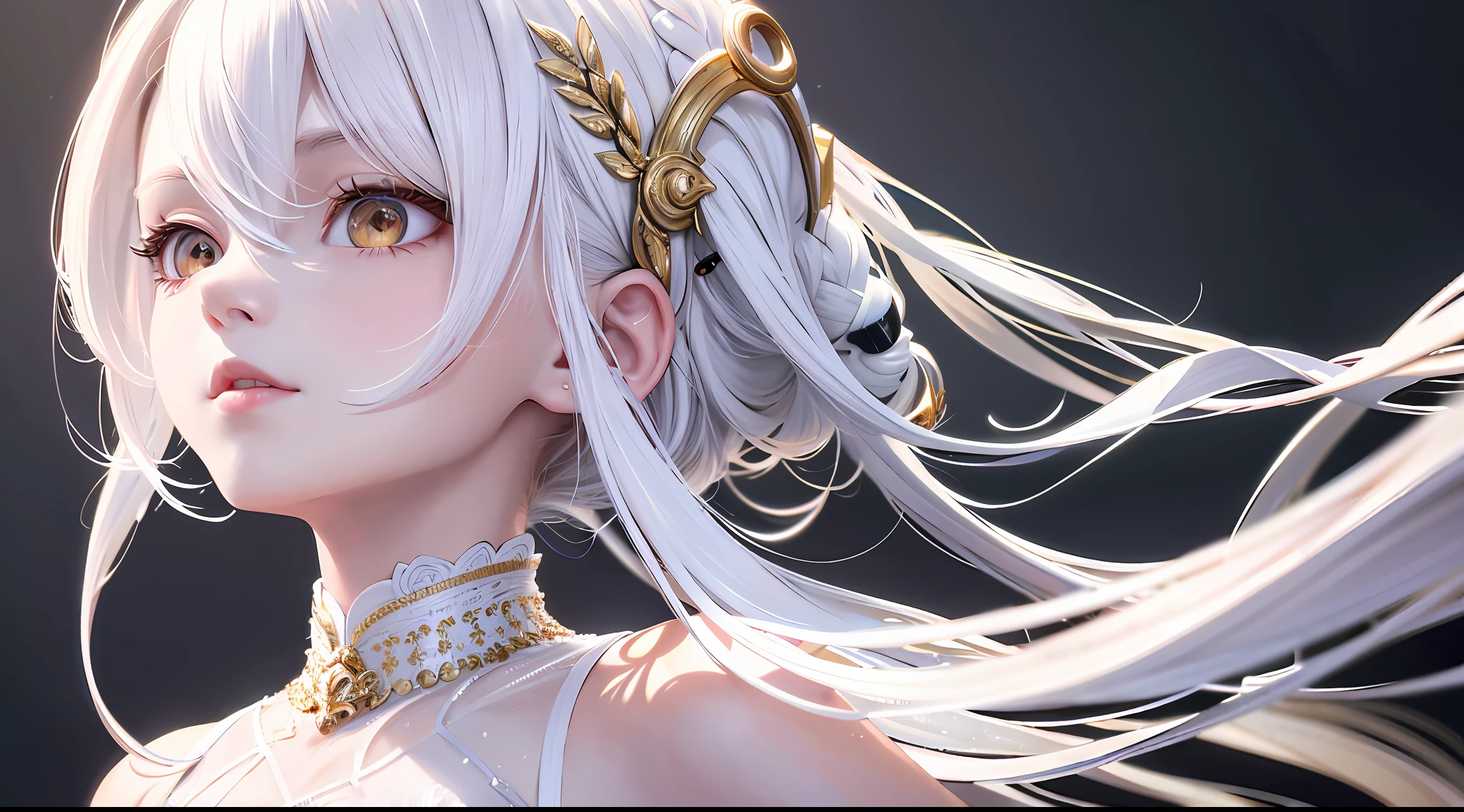 best quality, masterpiece,white hair, gold eyes,white clothes, looking up, upper body,hair strand,Fair skin,side braids