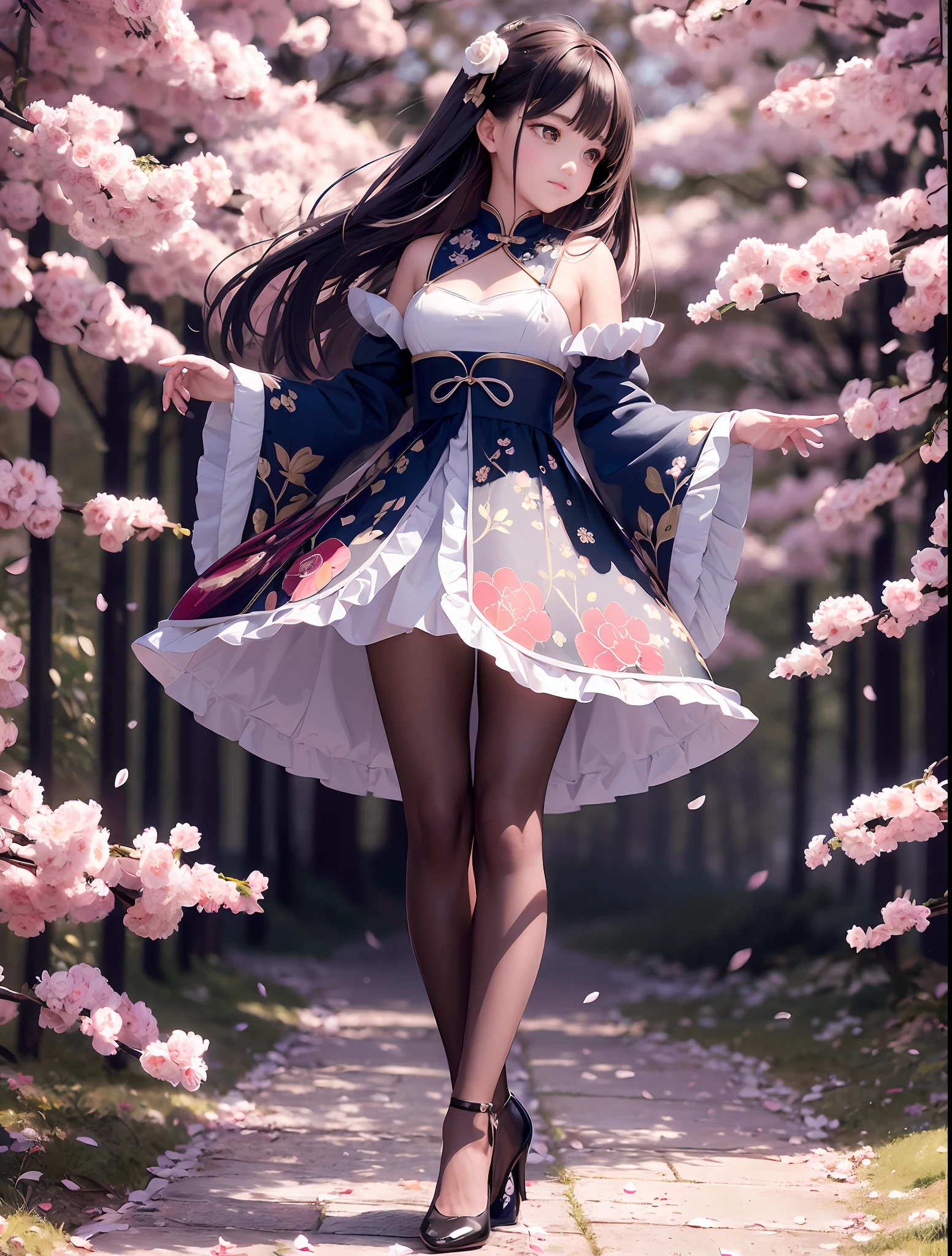 FS,full body,perfect japanise hafu masterpiece,miniature graceful perfect body,best face,big brown eyes and fluffy eyelashes, small standing breasts,straight graceful legs and arms,best anatomy,best legs,best hands,long highlighted hair like rapunzel, high resolution,clear focus,intricate details, cherry blossom garden background,clothes sexy qipao dress in navy blue with cherry blossom blossom patterns with deep cutouts on the sides, visible white tight-fitting feminine charms panties, skin pores, shiny perfect skin, natural skintone, on the girl's legs graceful dark blue shoes with high heels more than 10 centimeters, beautiful sexy full-length pose, photorealistic, tranding on artstantion, best light, cinematic colorgrade, the image is highly artistic, shot in the style of Jose Villa, artfine, 8k UHD. --auto --s2