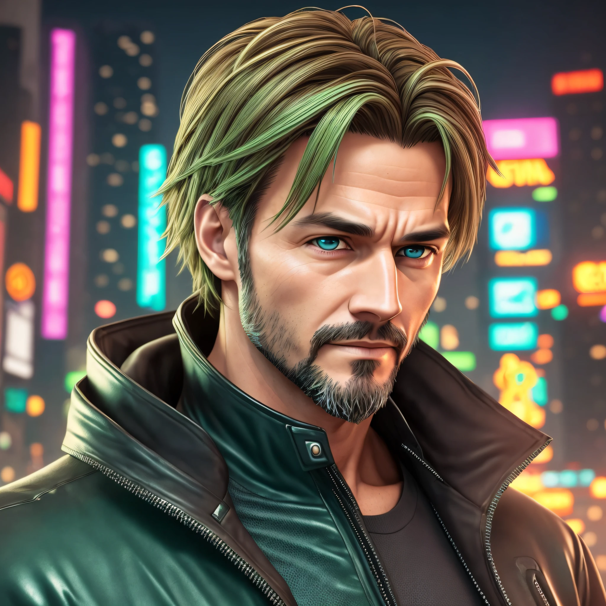 https://i.imgur.com/kuEnw82.jpg man, 40 years old, light brown hair, greenish brown eyes, goatee, in cyberpunk neon, detailed, ultra-realistic, ultra high definition, 8k, center, --q 1 --v 4 --auto --s2