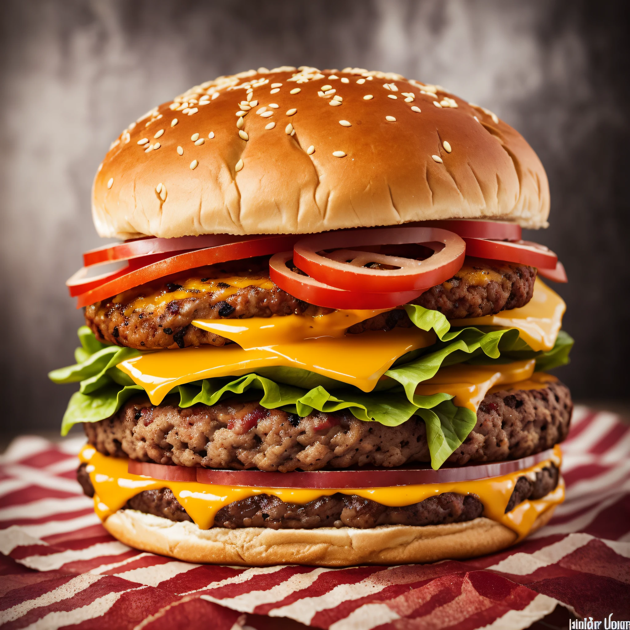photo (QuadBurger style:1) a large burger with bacon, cheese, A burger falling into juicy pieces, tasty, hot, promotional photo, intricate details, hdr, cinematic, adobe lightroom, highly detailed, --auto --s2