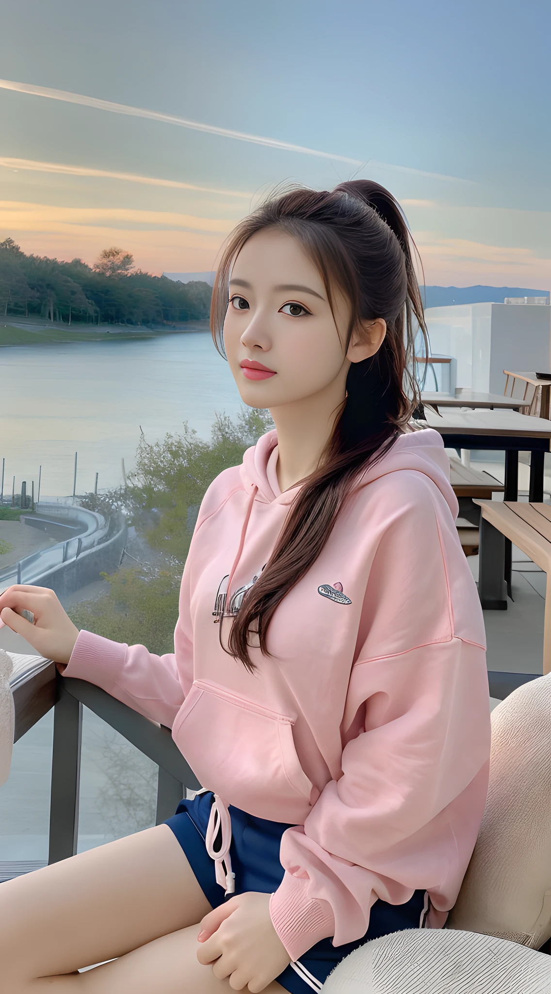(8k, RAW photo, best quality, masterpiece), (realistic, photo-realistic:1.2), ultra detailed, 1 girl, cute, solo, beautiful detailed sky, detailed cafe, night, sitting, dating, dose blush, closed mouth, Beautiful and delicate eyes, wearing hoodies, dolphin shorts, medium build, flowing hair, long blue hair, GIRL, FEMININE, pink eyes, ultra-fine details, complex scenes, ambient light, soft light, elegant, symmetrical facial features, accurate anatomy, anatomically correct girl, landscape, gossamer, ethereal, full body, ponytail, gentle, gentle, sensible, big breasts,