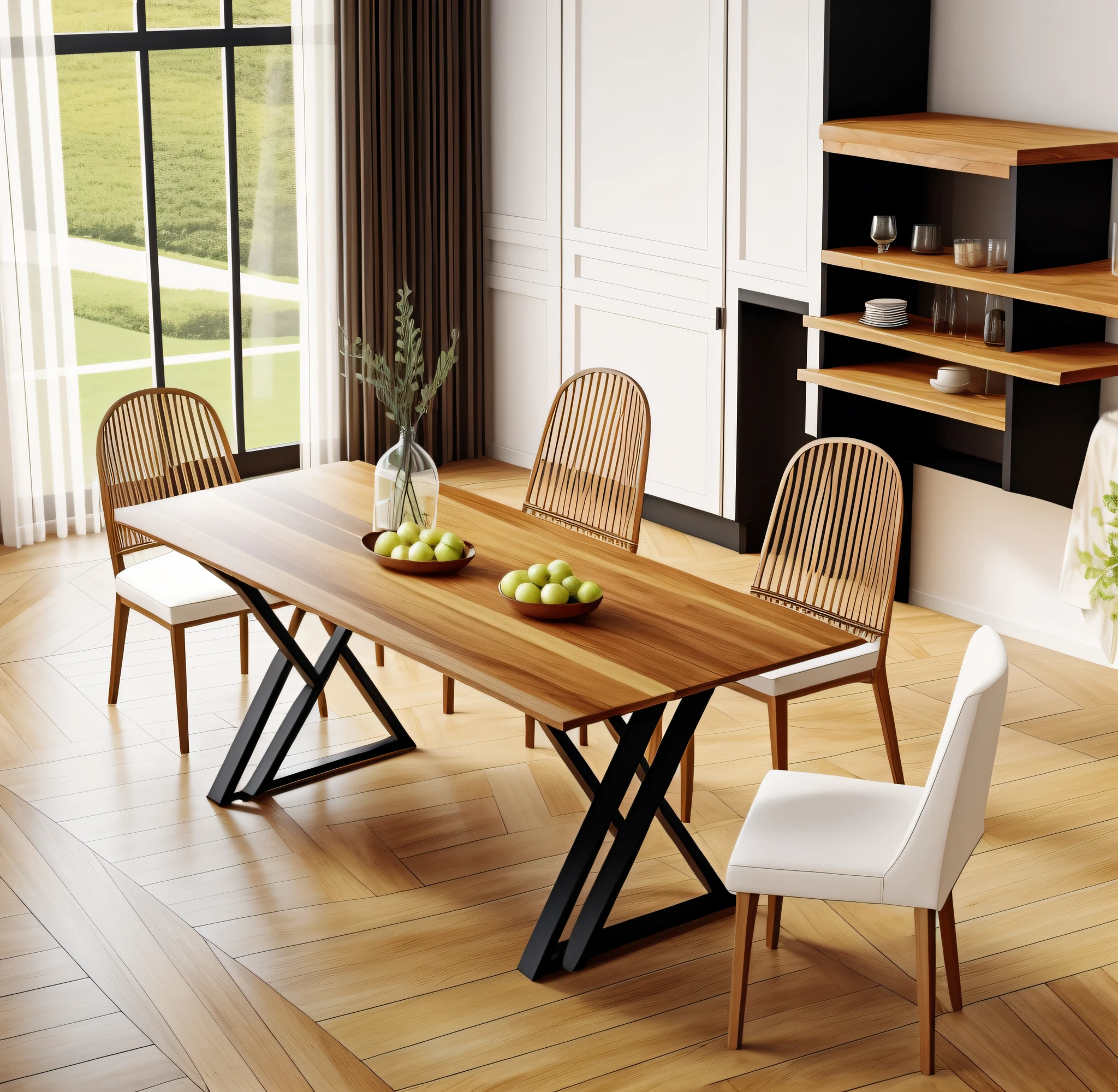 There is a table with chairs and a bowl of fruit, rectangular wooden table with black cross base large, wooden table, dining table, dining table, wooden table, high quality, wooden table, elegant and sophisticated, elegant furniture, smooth lines, powerful, table, 2021, 2 0 2 1, white kitchen table, 2022