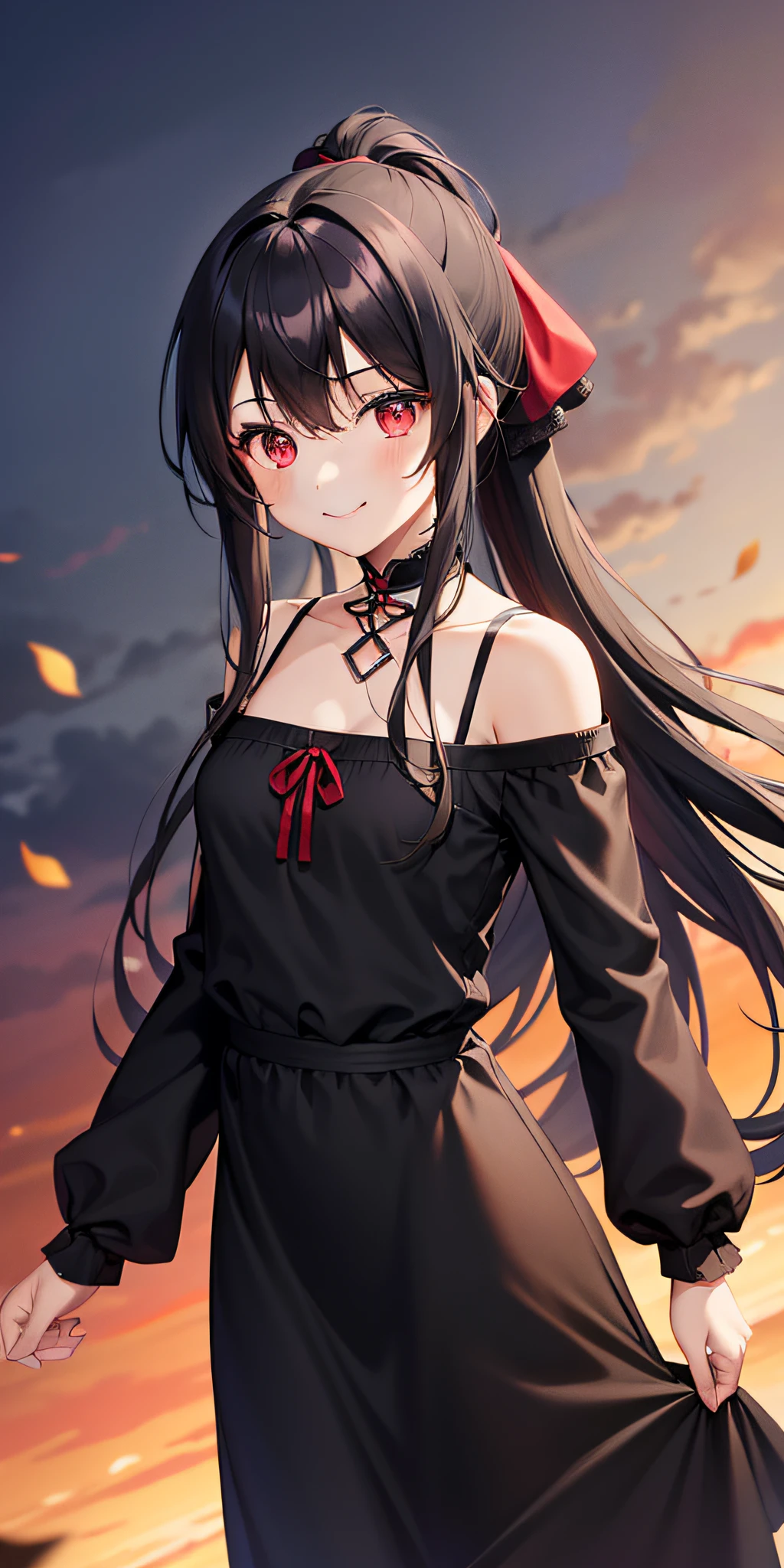 dress, 1girl, solo, long black hair, red eyes, smile, standing, single ponytail, red cloud,