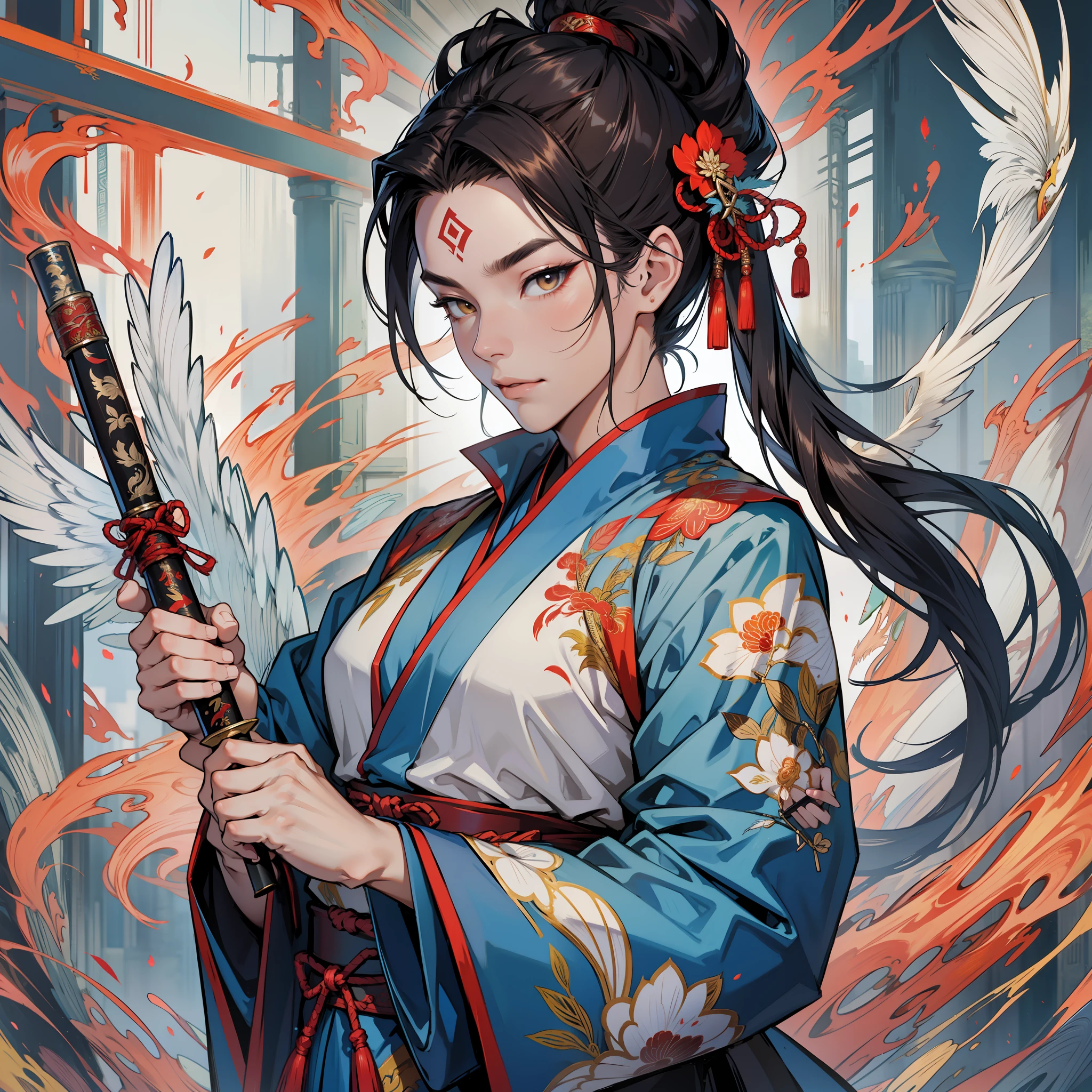 Chinese style, phoenix fairy, god, gorgeous clothes, beautiful feather pattern, Hanfu, weapon in hand, 32k --niji 5