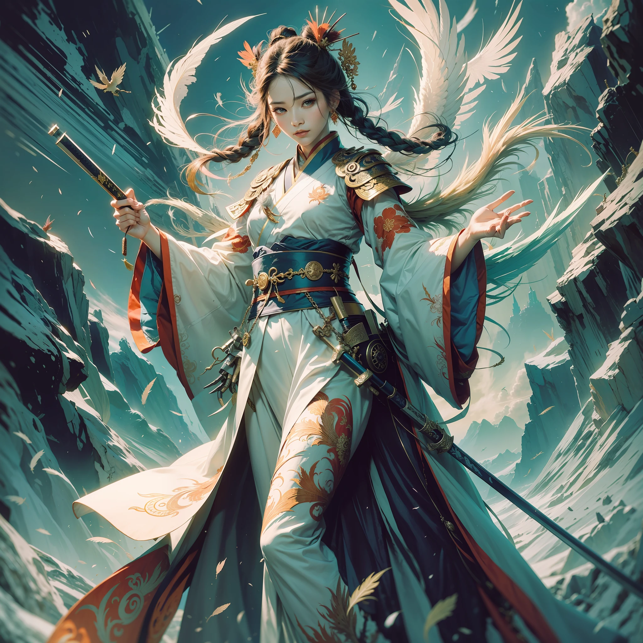Chinese style, phoenix fairy, god, gorgeous clothes, beautiful feather pattern, Hanfu, weapon in hand, 32k --niji 5