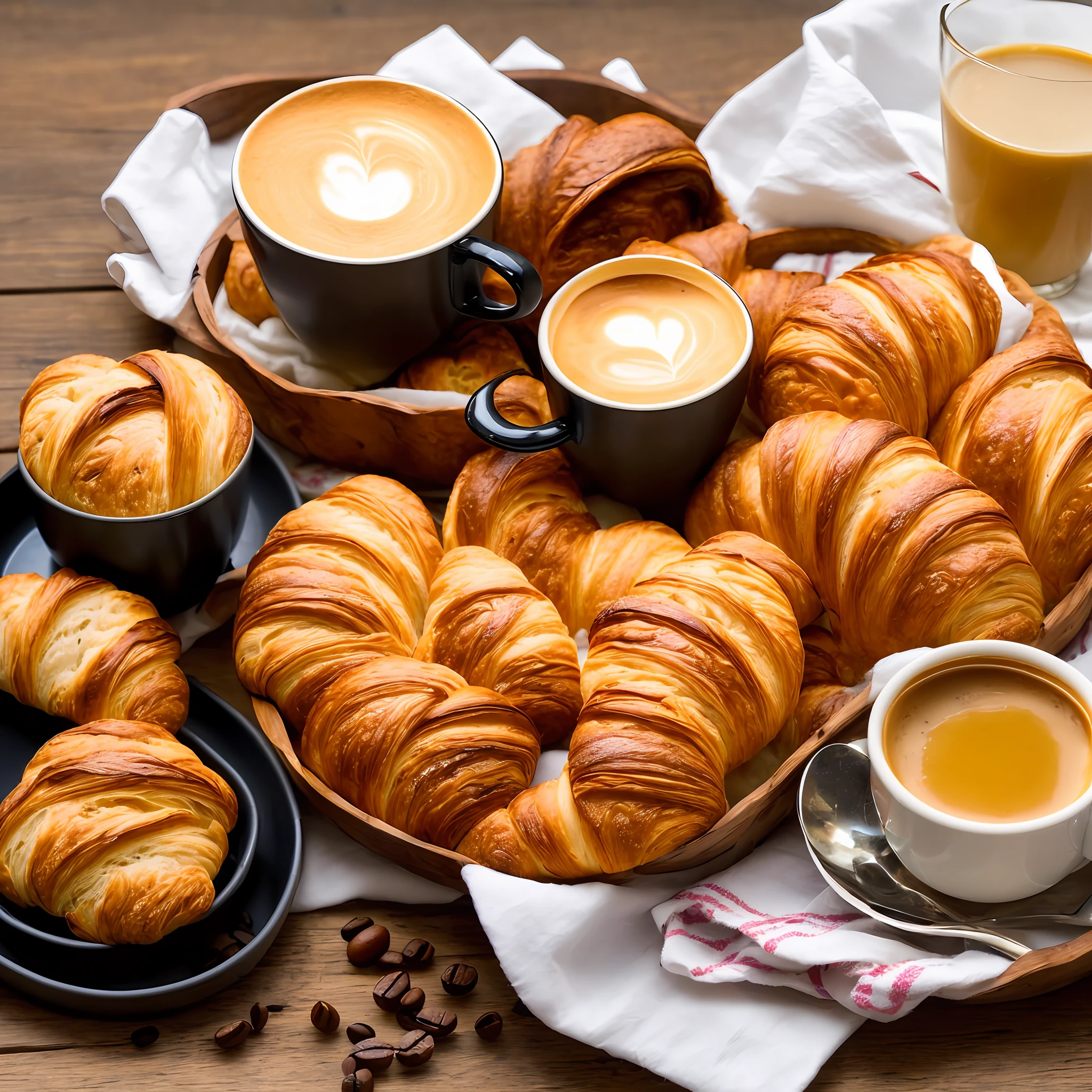 (cozy photo, best quality, warm and soft lighting), ((small tray with freshly baked breads and a fresh croissant, a cup of smoked coffee)) (small fruits), (small details of charm, flowers of the field, warm sun, soft shade, dawn of the day), individual table, juice