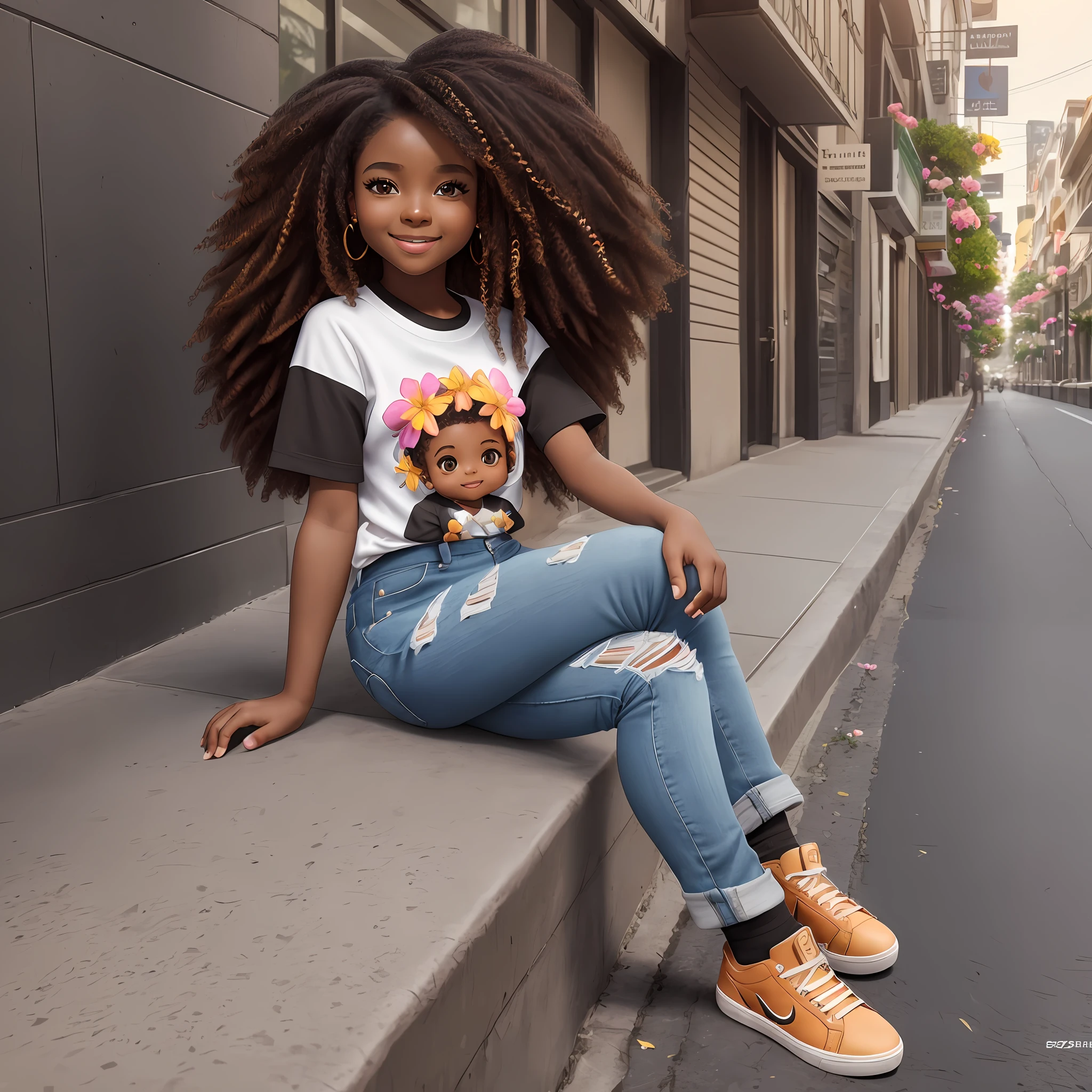 3D Portrait Realism Chibi Style of 9-Month-Old Afro-African ((Dark Brown Skin Color)) on City Street, with Happy Sitting, ((3D)), Cute Smile, ((With Flowers)), Wearing T-Shirt (((No Printing))), Orange and Jeans, Current Fashion Shoes, Mega Long Curly Hair, ((Kanekalon)), (Cinematic Contour Lighting), Close-up, Product Visualization, Detailed facial details, perfect face, sharpness, trendy art, sharp facial details, cgsociety, very high quality digital art, exquisite hyperdetail, 4k, 3D, 8k, chibi style, soft lighting, dreamer --ISO 100, fashion --air 2:3 -upscale - want more?join our official channel for unlimited creation --auto --s2