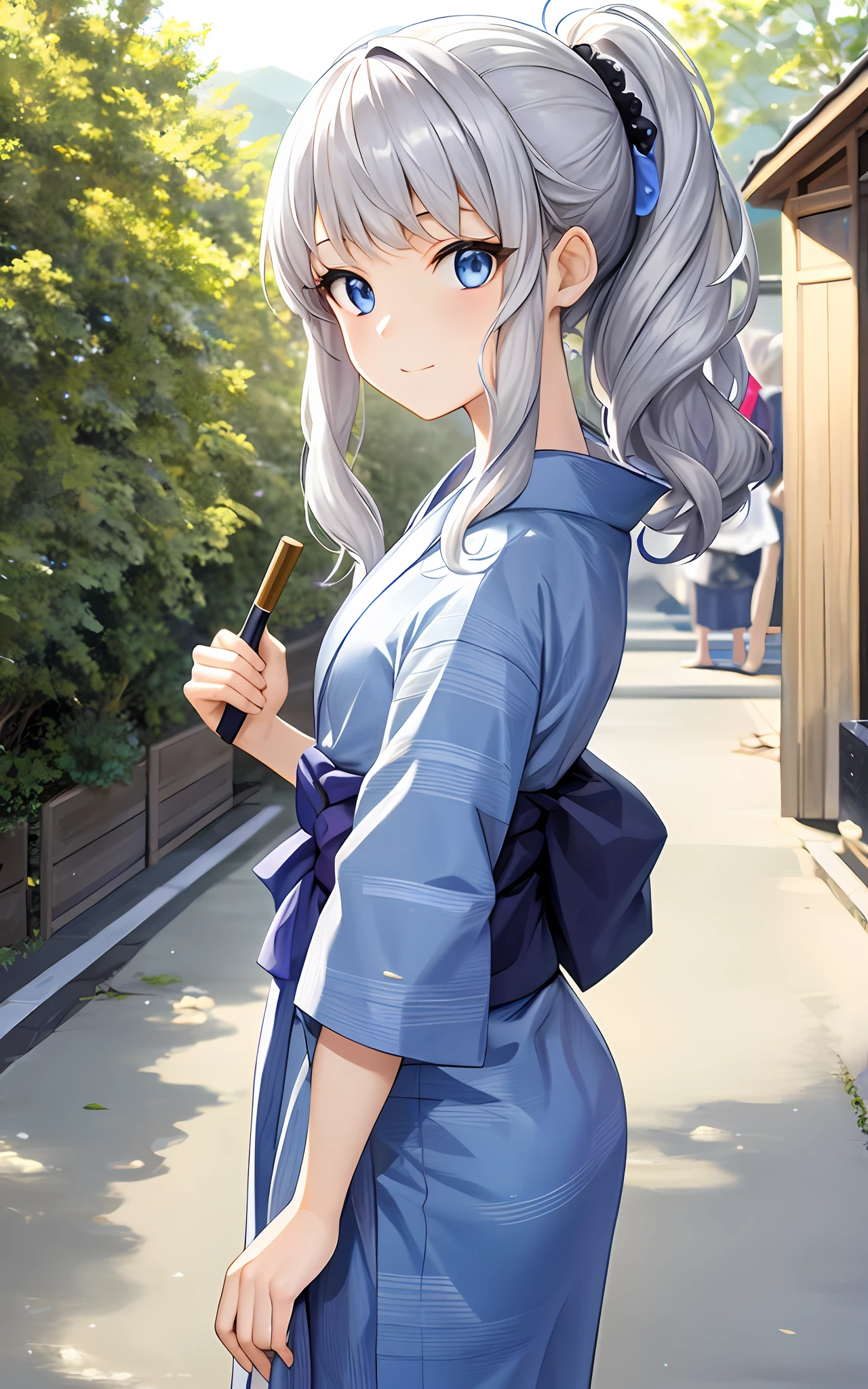 girl, solo, summer festival, silver hair, blue eyes, wavy hair, yukata, drawstring
