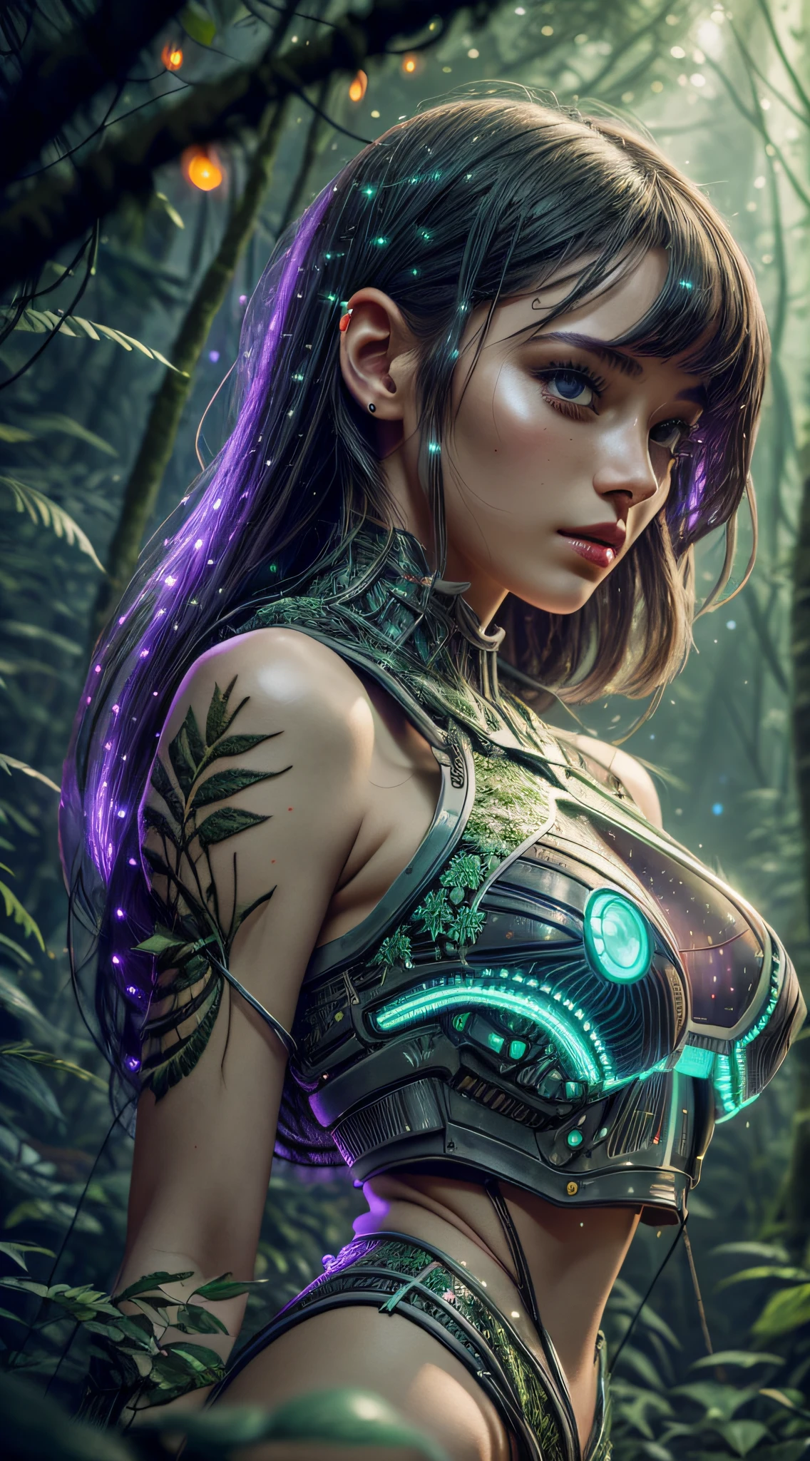 photo,raw,sharp,fashion,beautiful girl with biotech outfit,incredibly rich and detailed environment of an alien forest,cinematic,glow,neon,background blur,particles,fireflies