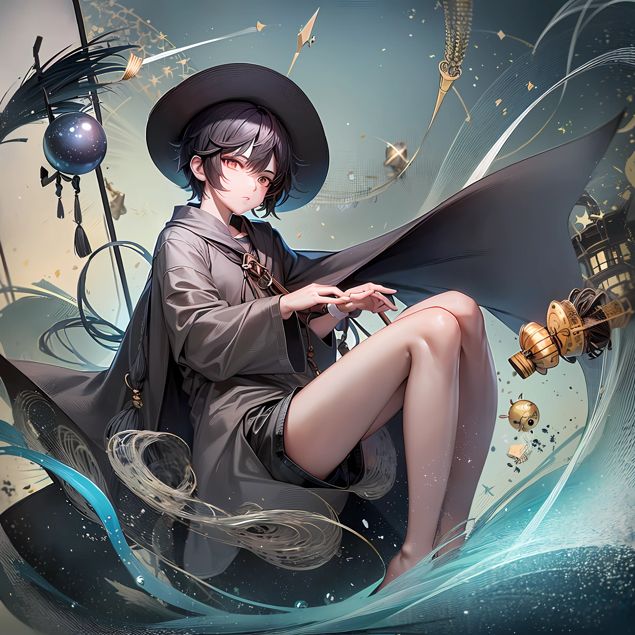 The black-haired male pupil, little boy, short-sleeved shorts, wearing a long cape, a large straw hat with two streamers and countless wind chimes, and a green flute sat on the back of a huge fish made of water, leading more fish behind him