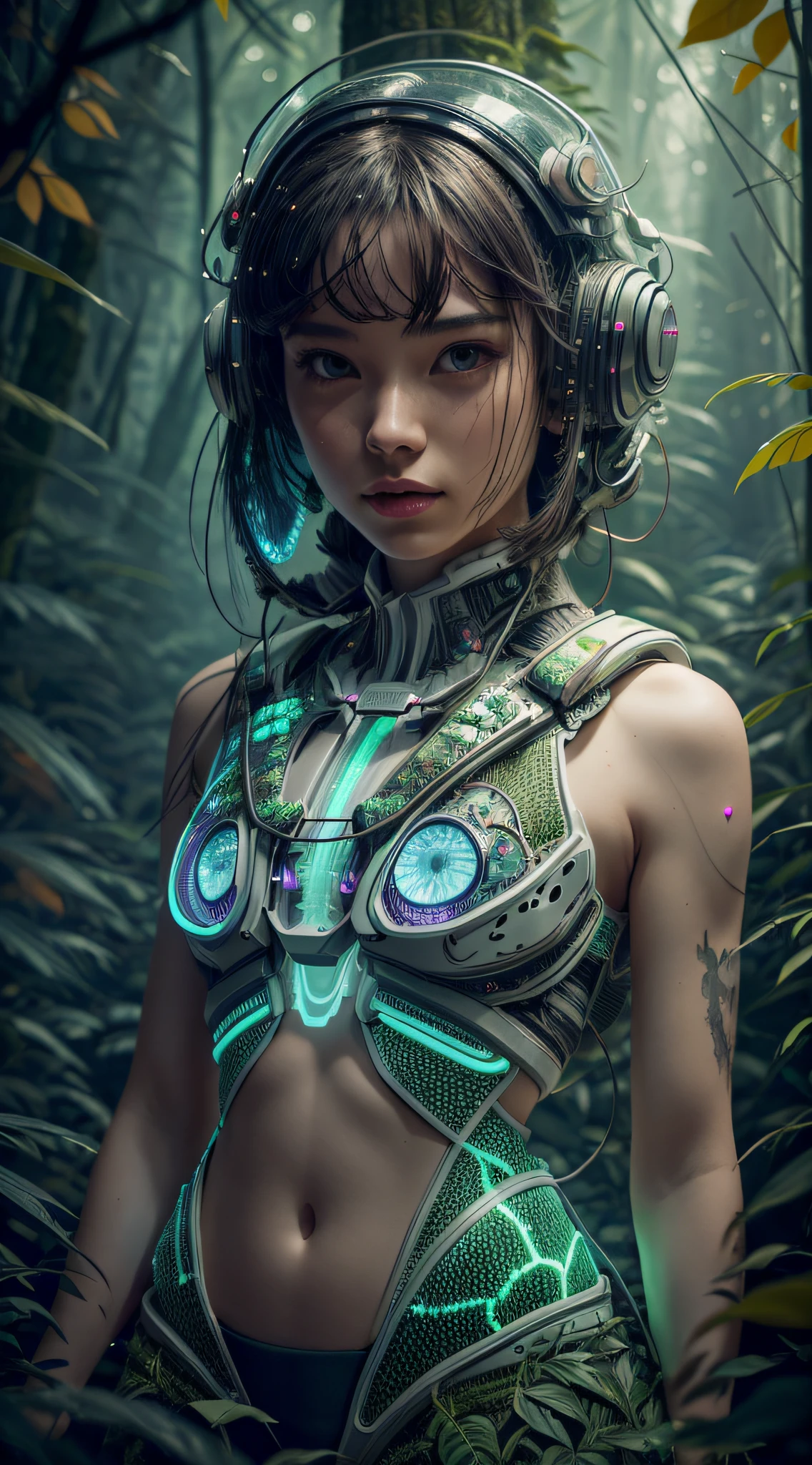 photo,raw,sharp,fashion,beautiful girl with biotech outfit,incredibly rich and detailed environment of an alien forest,cinematic,glow,neon,background blur,particles,fireflies