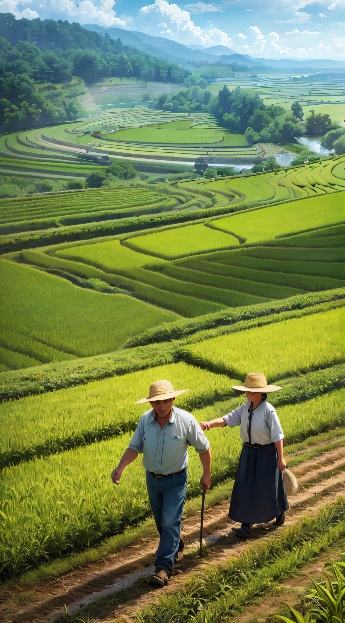 An old farmer carrying a flat burden, walking on the winding path of the countryside, big clouds, blue sky, rice fields, neat rice seedlings in the field, forest, hillside, secluded, countryside, HD detail, hyper-detail, cinematic, surrealism, soft light, deep field focus bokeh, ray tracing and surrealism. --v6