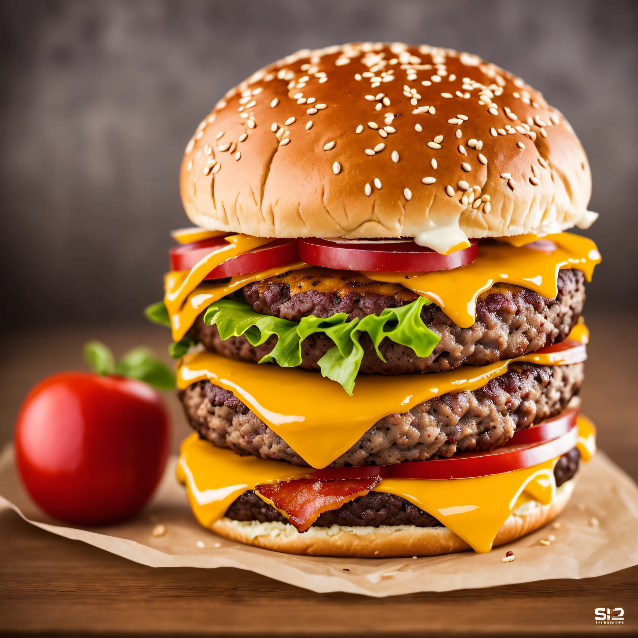 photo (QuadBurger style:1) a large burger with bacon, cheese, A burger falling into juicy pieces, tasty, hot, promotional photo, intricate details, hdr, cinematic, adobe lightroom, highly detailed, --auto --s2