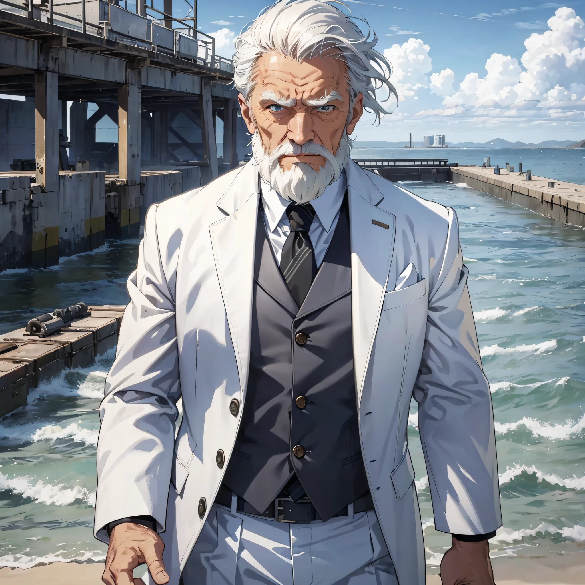 At the weapons testing ground at the empty dock by the sea, a white-haired old man (1.3) dressed in a white suit with a serious and angry expression