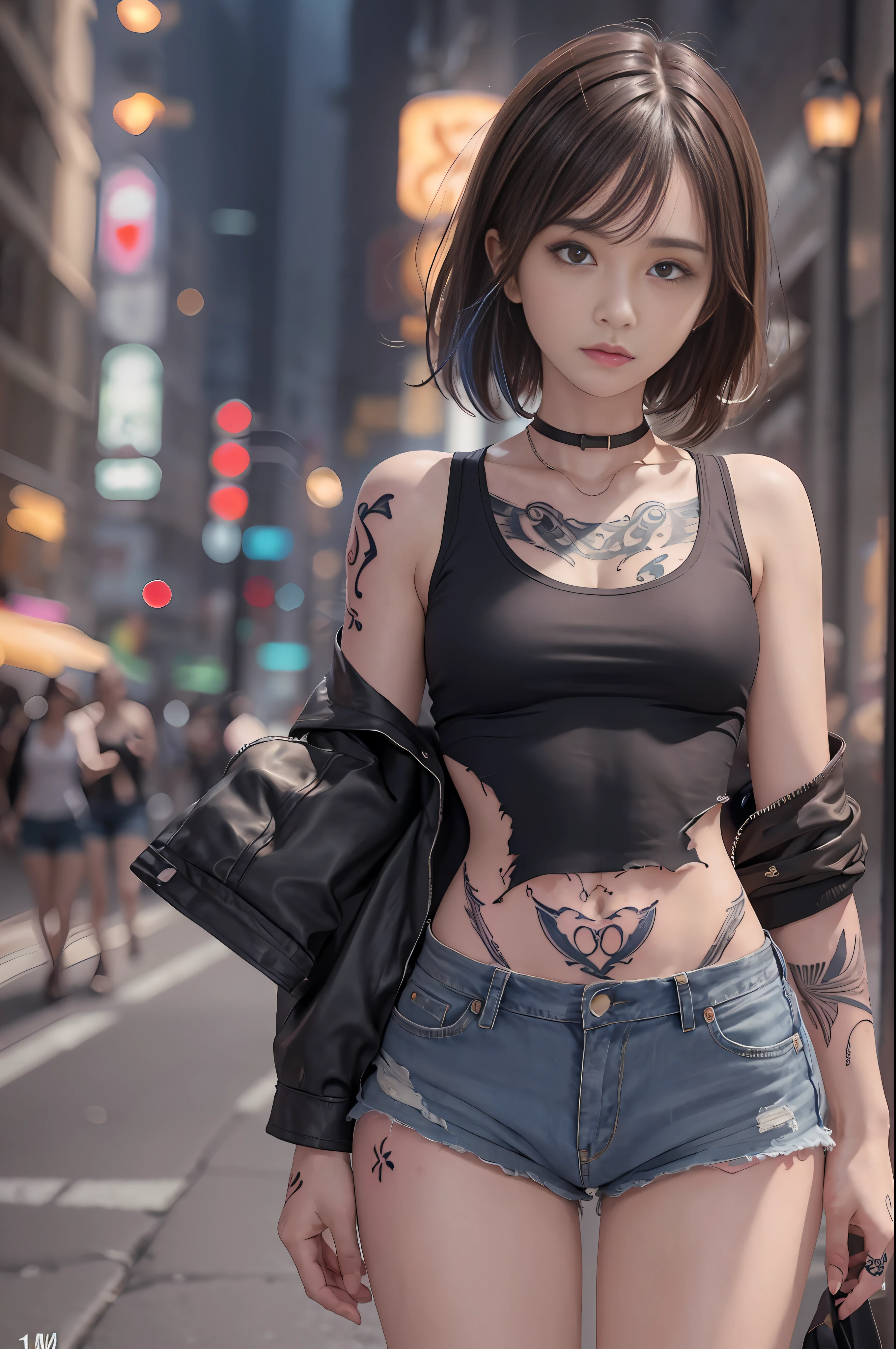 ((medium breast, tomboy girls, small head)),  (chiseled abs : 1.1), (perfect body : 1.1), (short wavy hair : 1.2) , auburn hair, collar, chain, full body shot, crowded street, wearing tanktop, jeans jacket, (torn clothes:1.3)((shorts)), (extremely detailed CG 8k wallpaper), (an extremely delicate and beautiful), (masterpiece), (best quality:1.0), (ultra highres:1.0),  beautiful lighting ,perfect lightning, realistic shadows, [highres], detailed skin, ultra-detailed (((colorful))),(tattoo all:1.5),