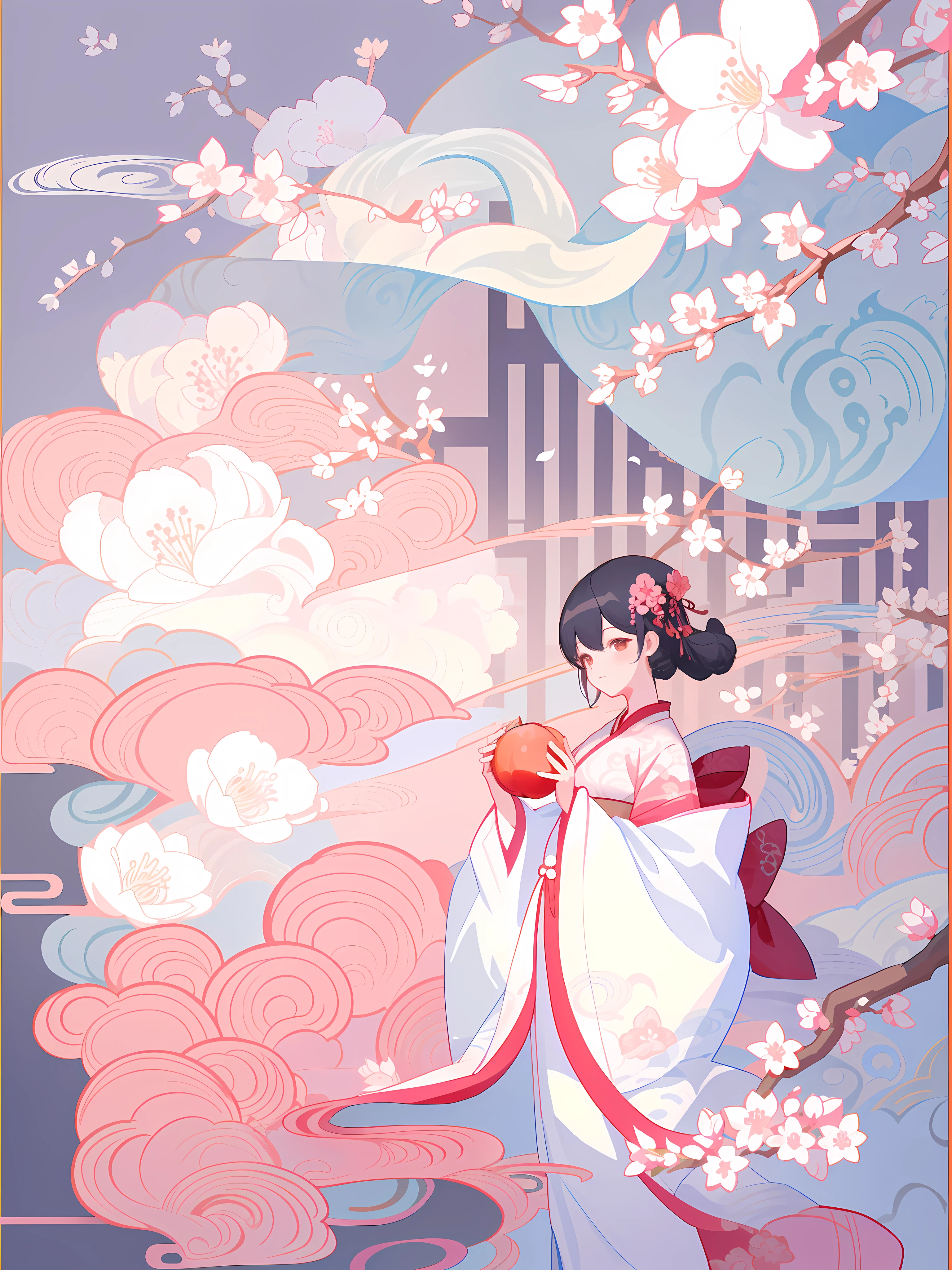 Peach blossom: 2, woman in Chinese Hanfu holding a peach blossom: 0.7, beautiful artwork illustration, flowing peach blossom colored silk, ukiyo-e art style
