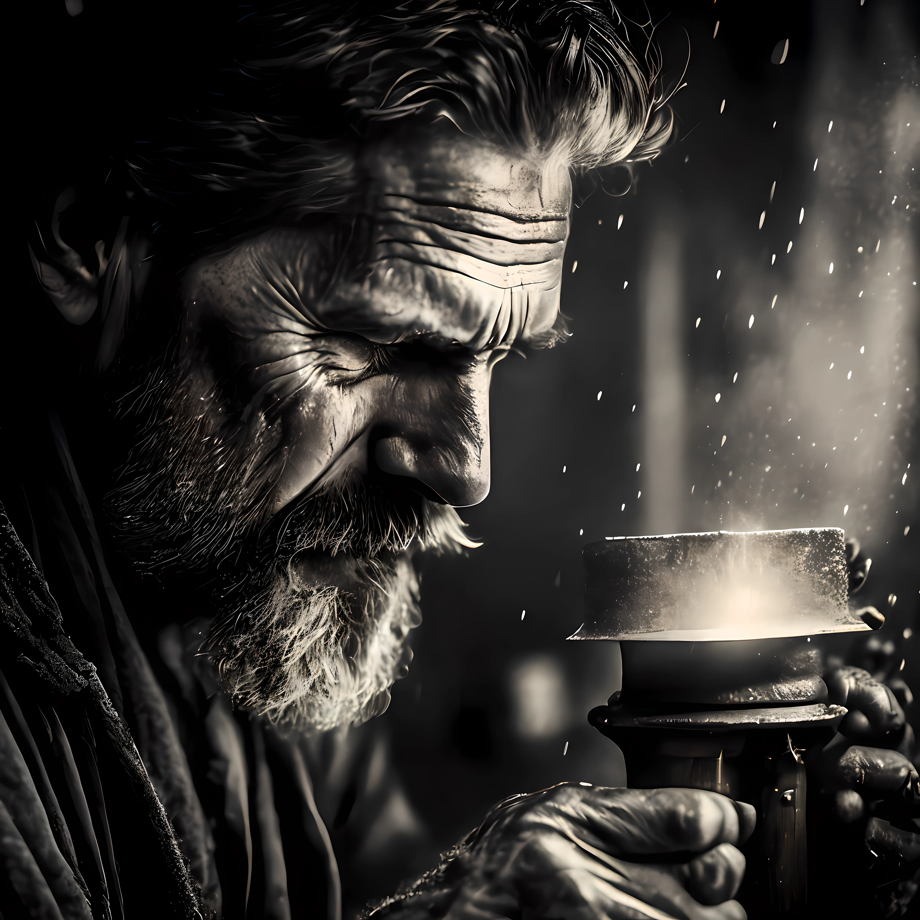 Macro Clear Quality, wet plate Photo Close-up Craftsman using hammer to make cold weapons, Rough skin, Focused eyes, Spark, 40 Years, Fog, Soot, Unreal Engine, UE5, film, very detailed, SONY A7iii, 85mm focal, f/1.8, Cintan Render + Ultra realistic, photos