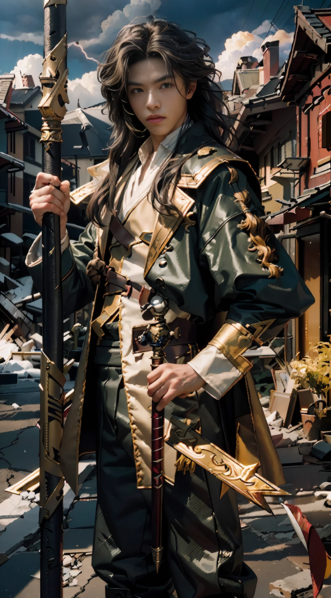 Best quality, masterpiece, ultra high res, (photorealistic:1.4), raw photo, 1boy, element master boy, cinematic lighting, ((male)), fierce, holding a pole, thunder element, lightning yellow elemental hair, very long hair, chaos bender, thunder god clothes, caucasian, flying objects
