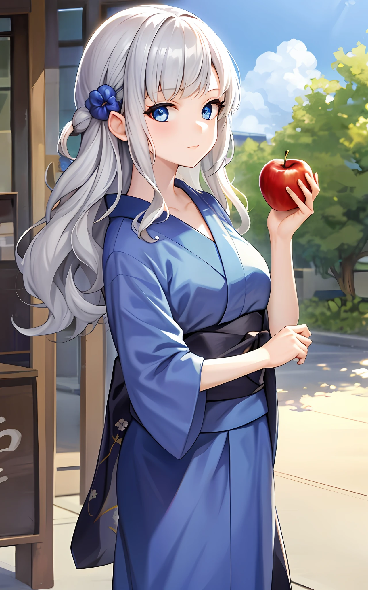 girl, solo, , summer festival, silver hair, blue eyes, wavy hair, yukata, apple candy
