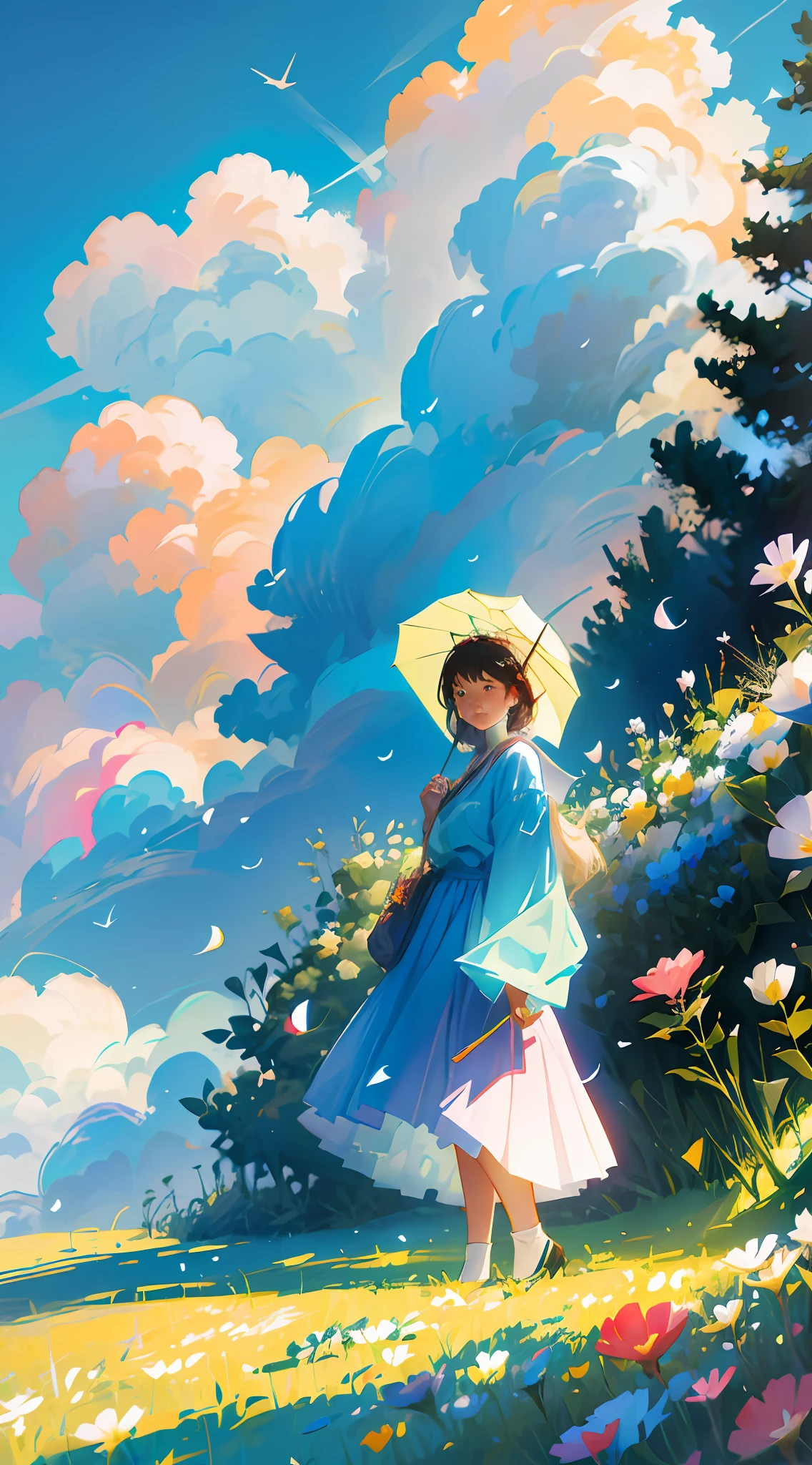 Big clouds, blue sky, flowers, empty, no figures, no people