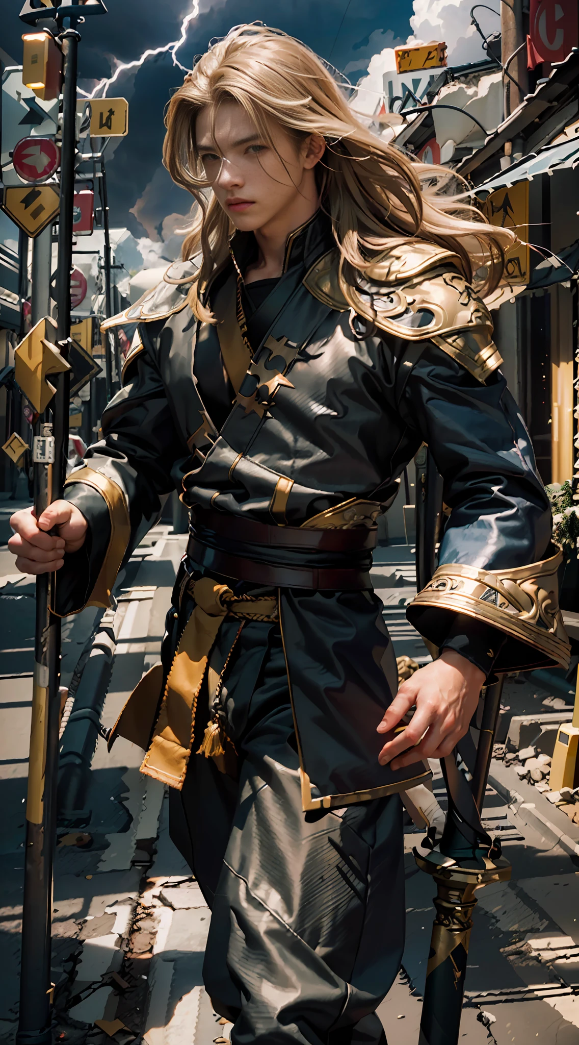 Best quality, masterpiece, ultra high res, (photorealistic:1.4), raw photo, 1boy, element master boy, cinematic lighting, ((male)), fierce, holding a pole, thunder element, lightning yellow elemental hair, very long hair, chaos bender, thunder god clothes, caucasian, flying objects
