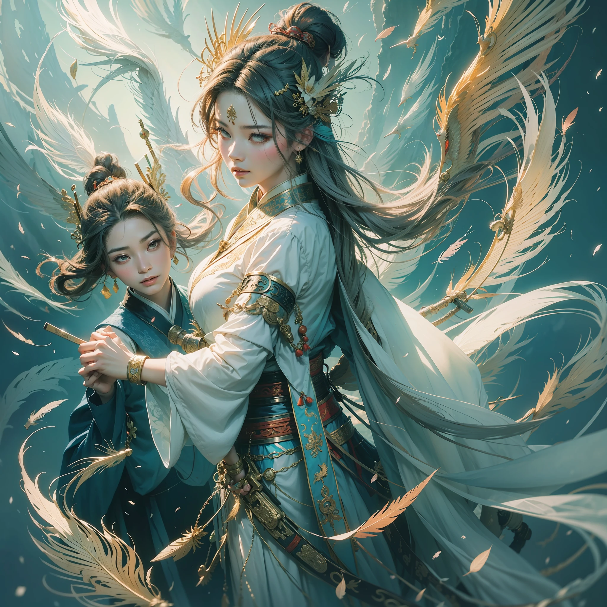 Chinese style, phoenix fairy, gods, gorgeous clothes, beautiful feather patterns, Hanfu, standing on the top of the mountain with your back to look down, 32k --niji 5